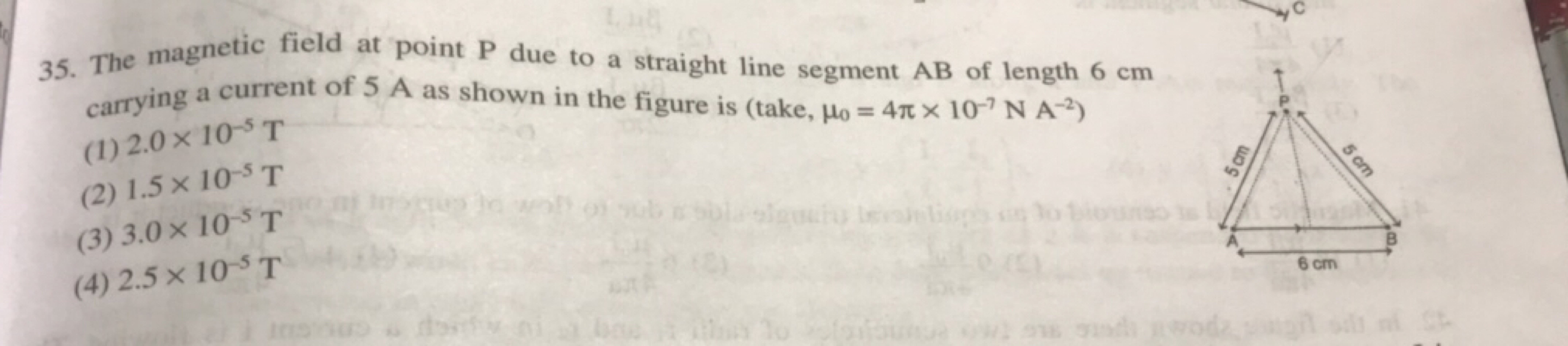 35. The magnetic field at point P due to a straight line segment AB of