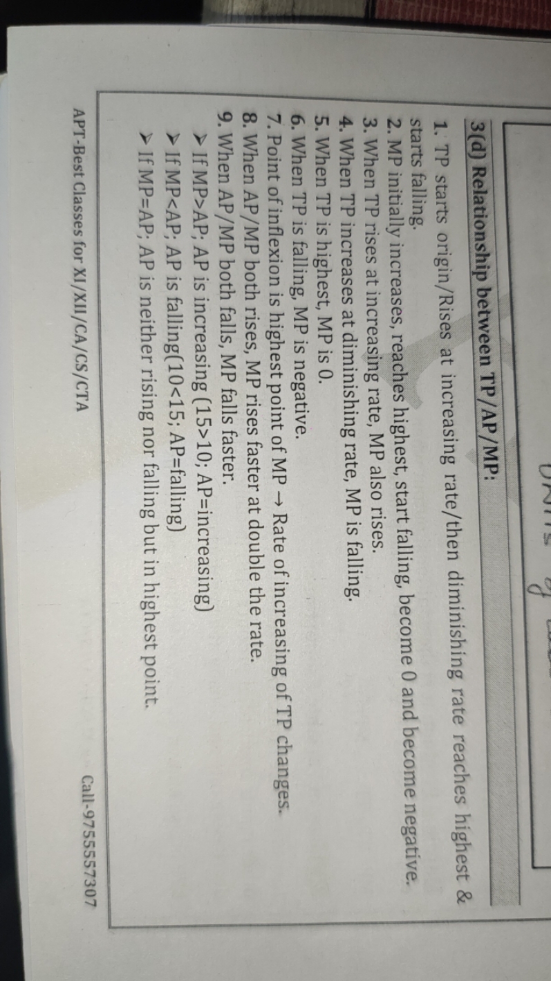 3(d) Relationship between TP/AP/MP:
1. TP starts origin/Rises at incre