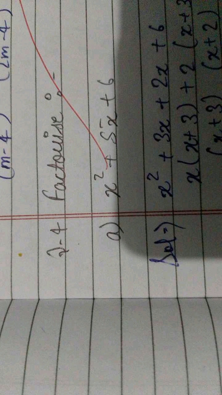 2-4 Factorise:
a) x2+5xˉ+6

Sol. ⇒x2+3x+2x+6
x(x+3)+2(x+3)(x+3)(x+2)​