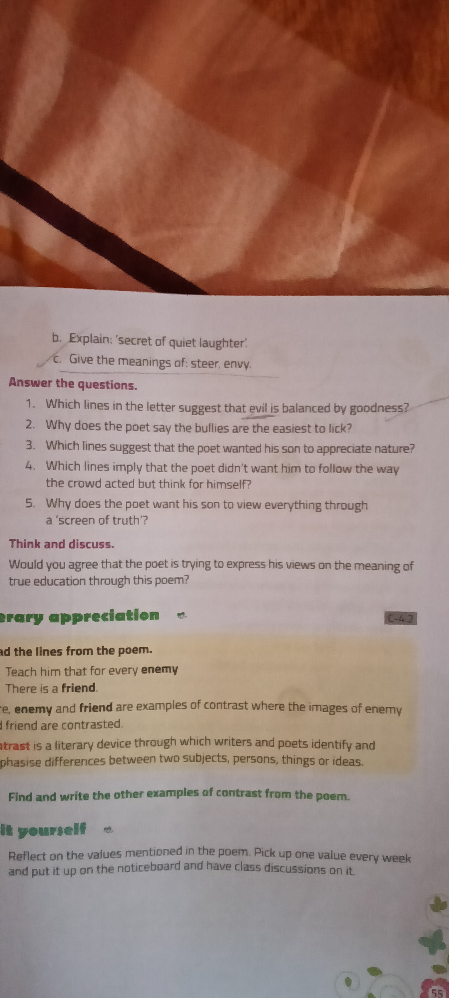 b. Explain: 'secret of quiet laughter'.
c. Give the meanings of: steer