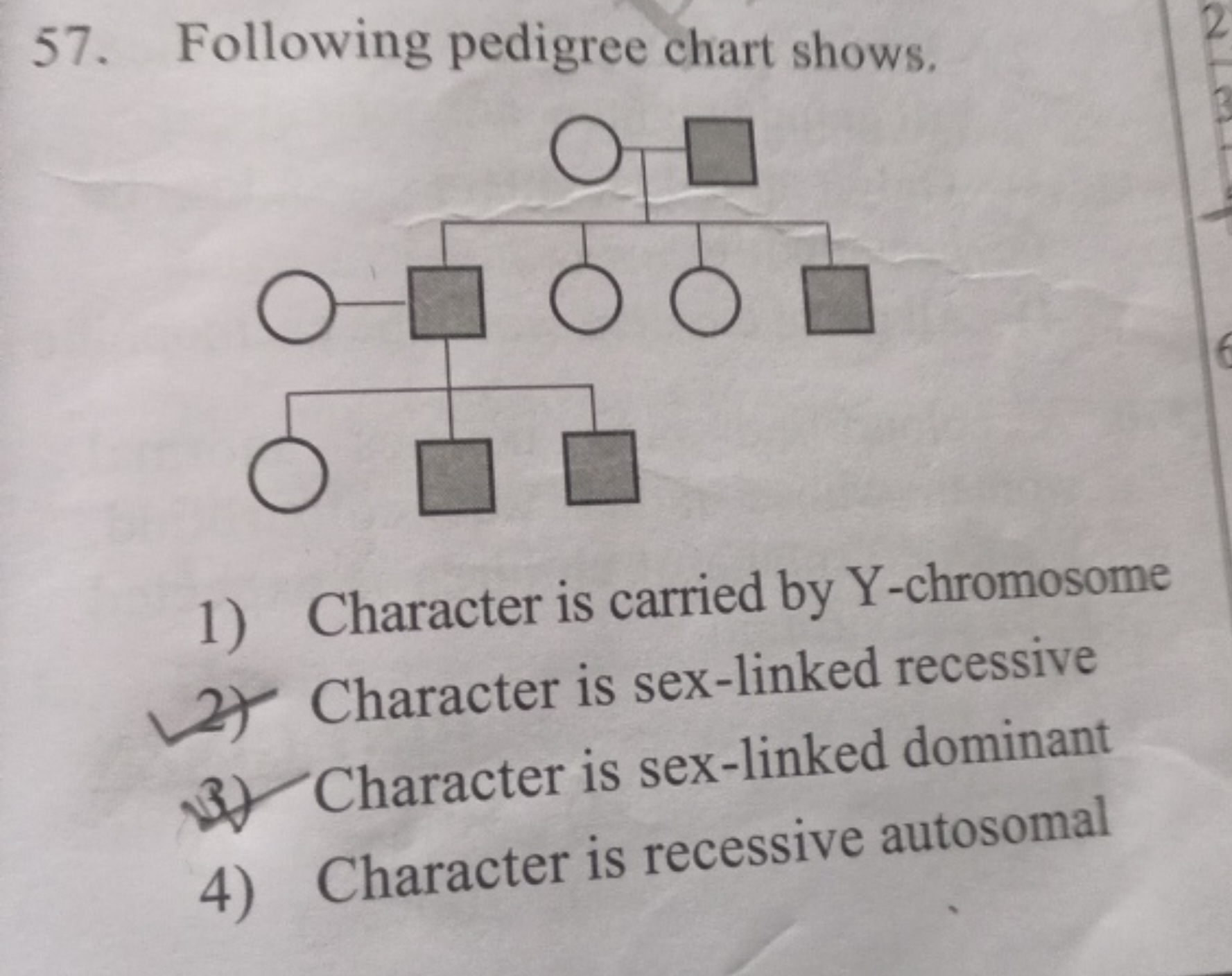 57. Following pedigree chart shows.
1) Character is carried by Y-chrom