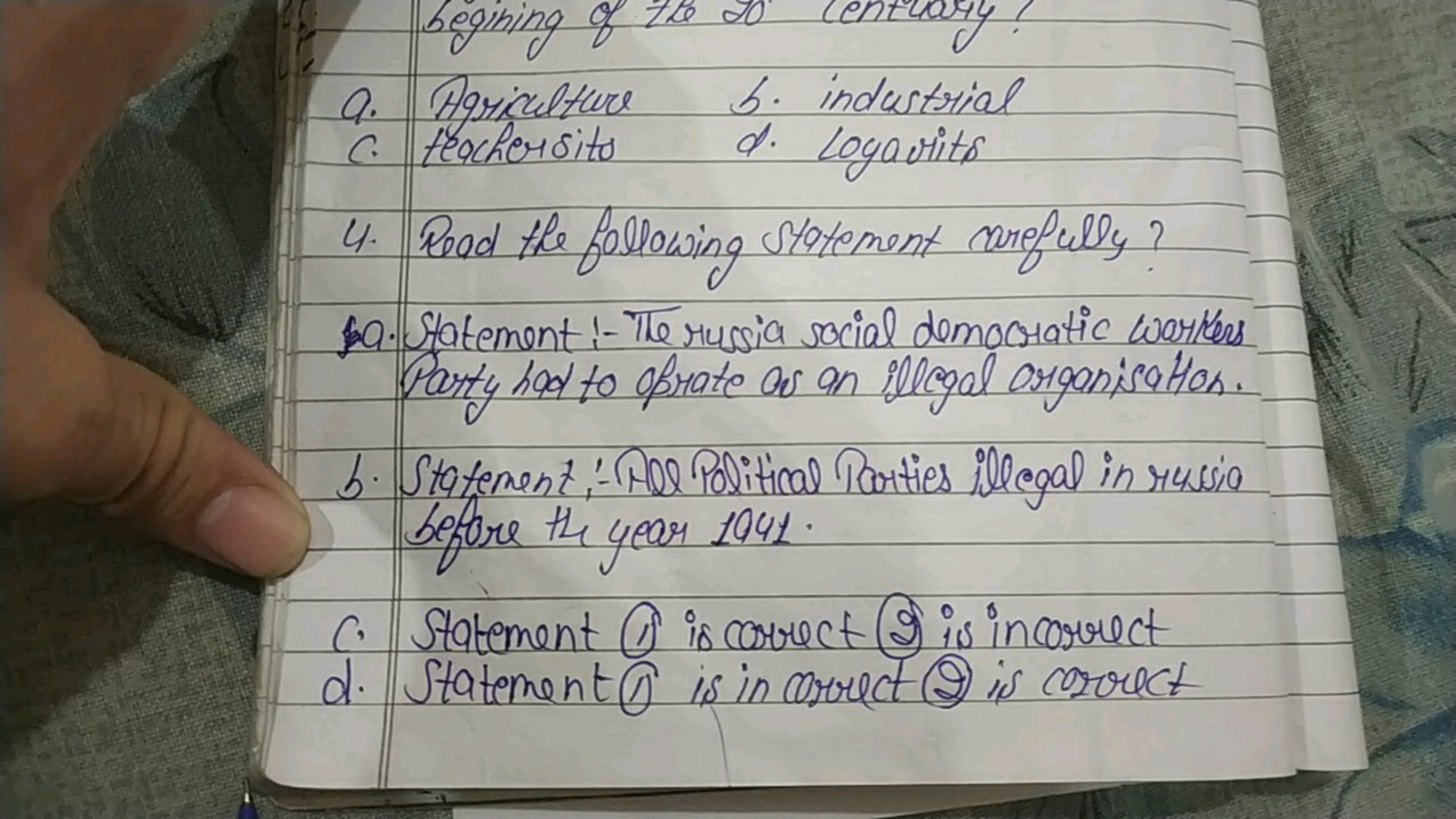 a. Agriculture
c. teachersito
b. industrial
d. Logavits
4. Read the fo