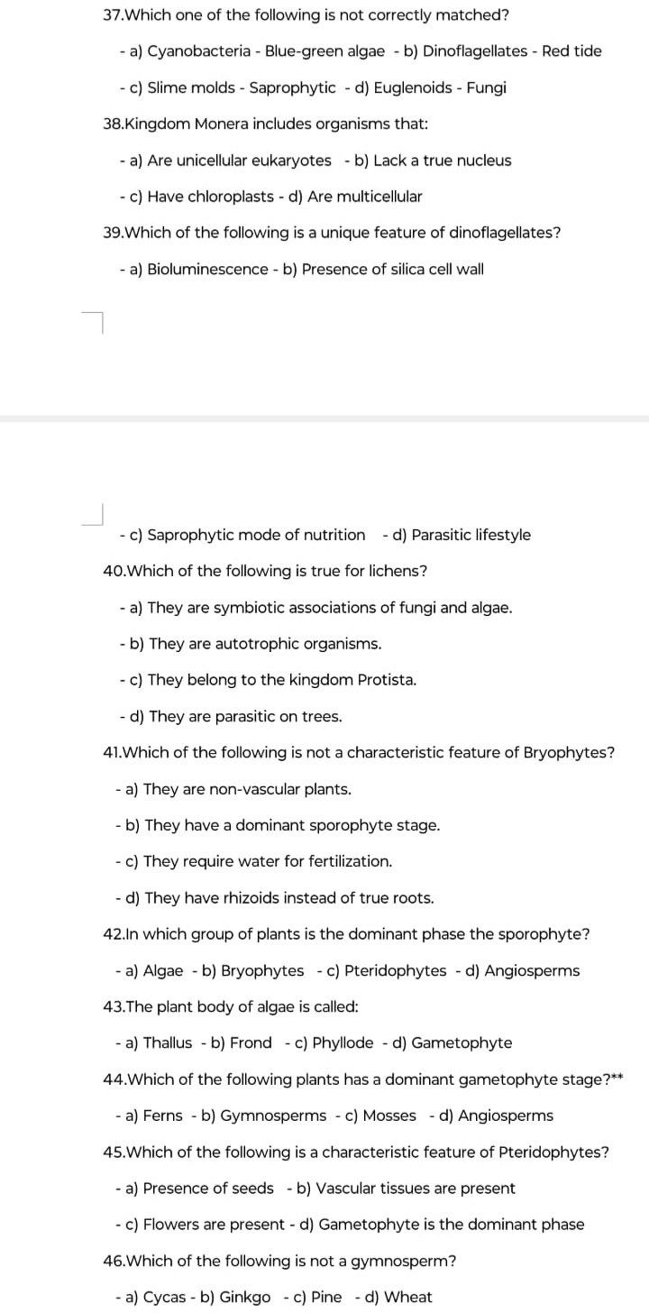 37.Which one of the following is not correctly matched?
- a) Cyanobact