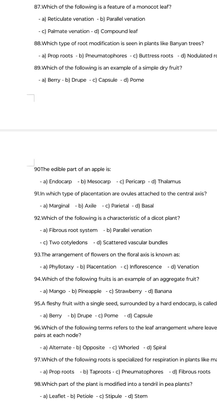 87. Which of the following is a feature of a monocot leaf?
- a) Reticu