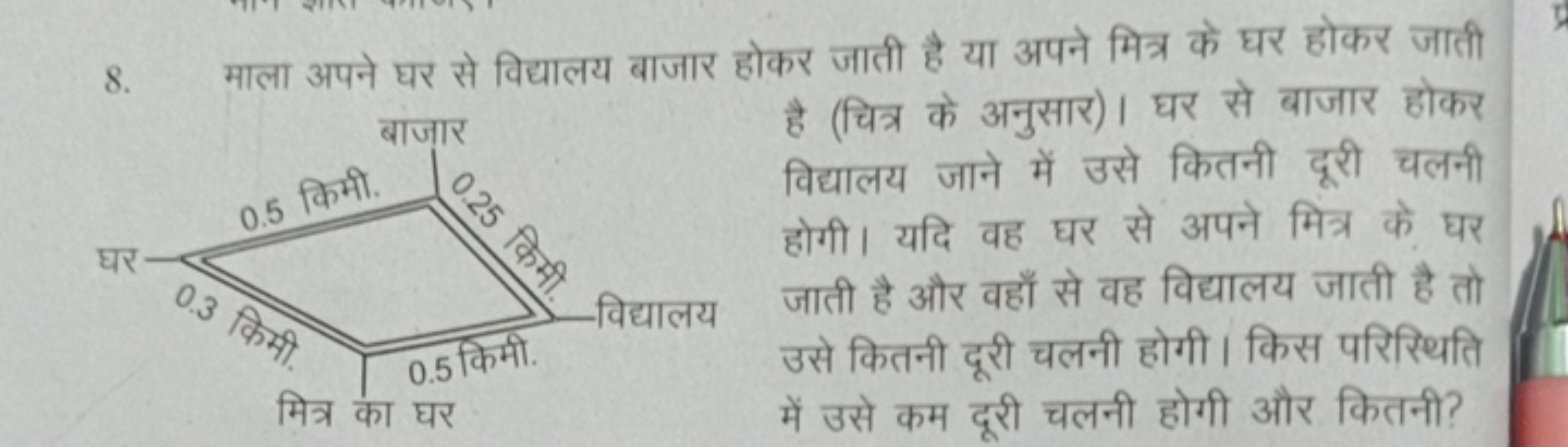 8. माला अपने घर से विद्यालय बाजार होकर जाती है या अपने मित्र के घर होक