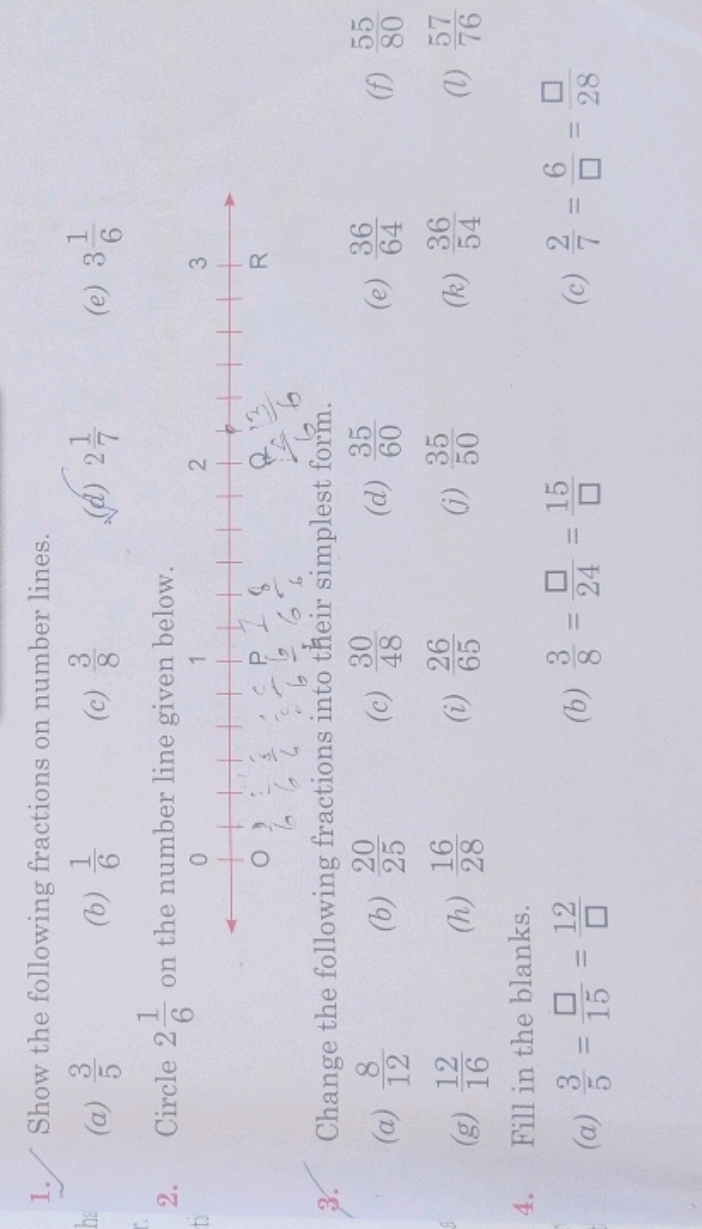 1. Show the following fractions on number lines.
(a) 53​
(b) 61​
(c) 8