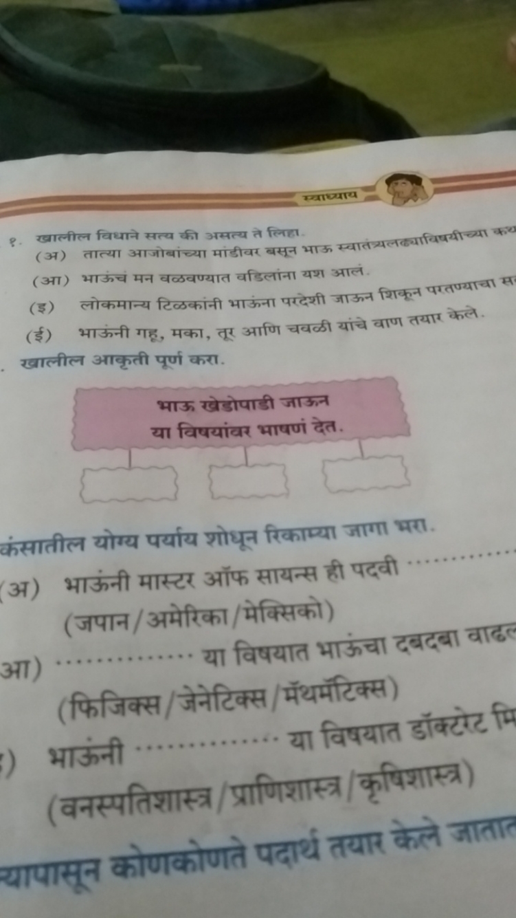 स्वाध्याय
8. खालील विधाने सत्य की असत्य ते लिहा.
(अ) तात्या आजोबांच्या