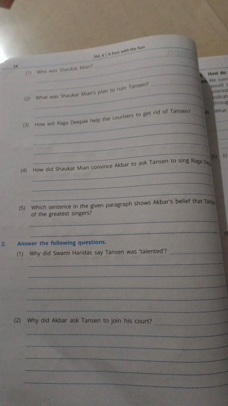 14
Std. 6 | A pact with the sun
(1) Who was Shaukat Mian? □  
(2) What