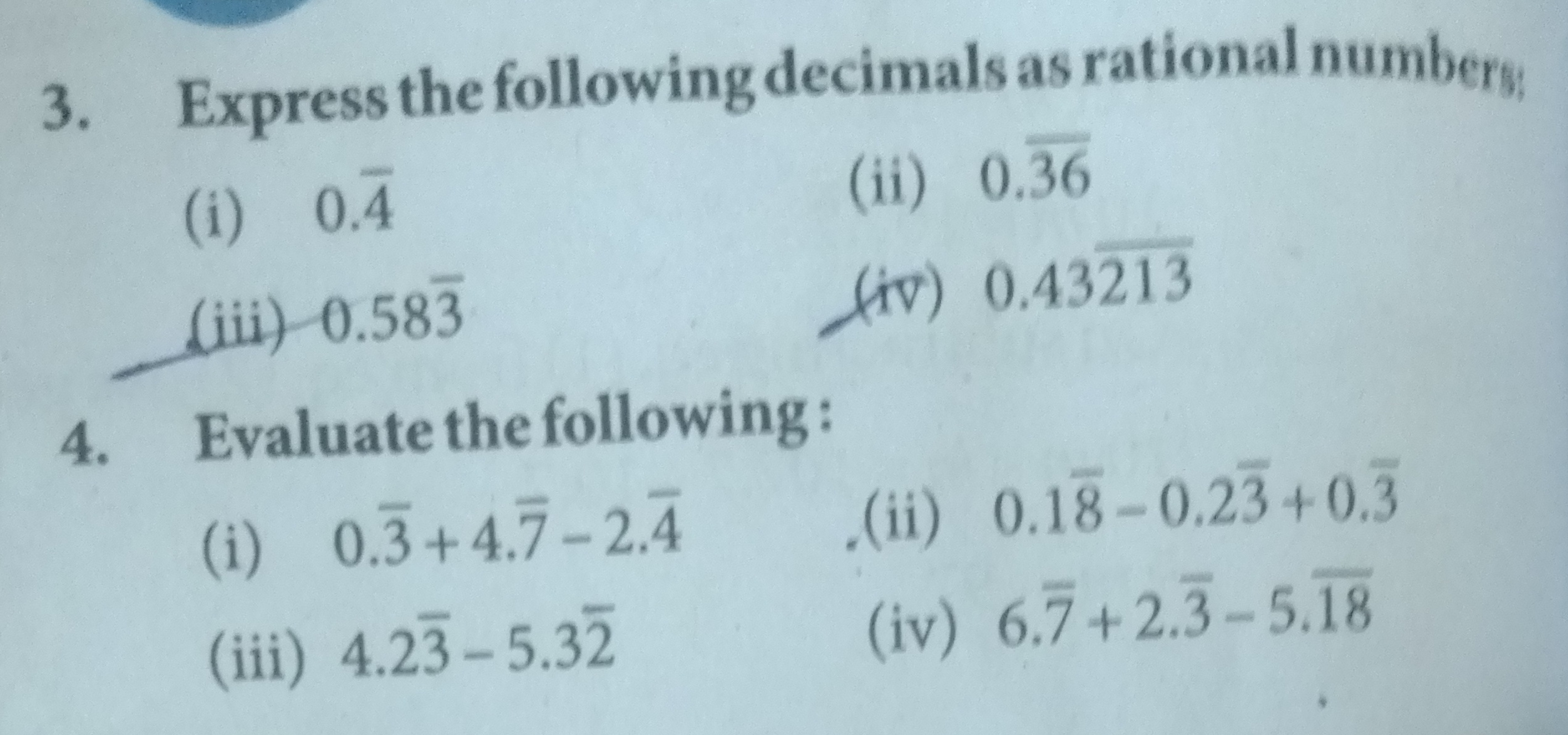 3. Express the following decimals as rational numbers:
(i) 0.4
(iii) 0