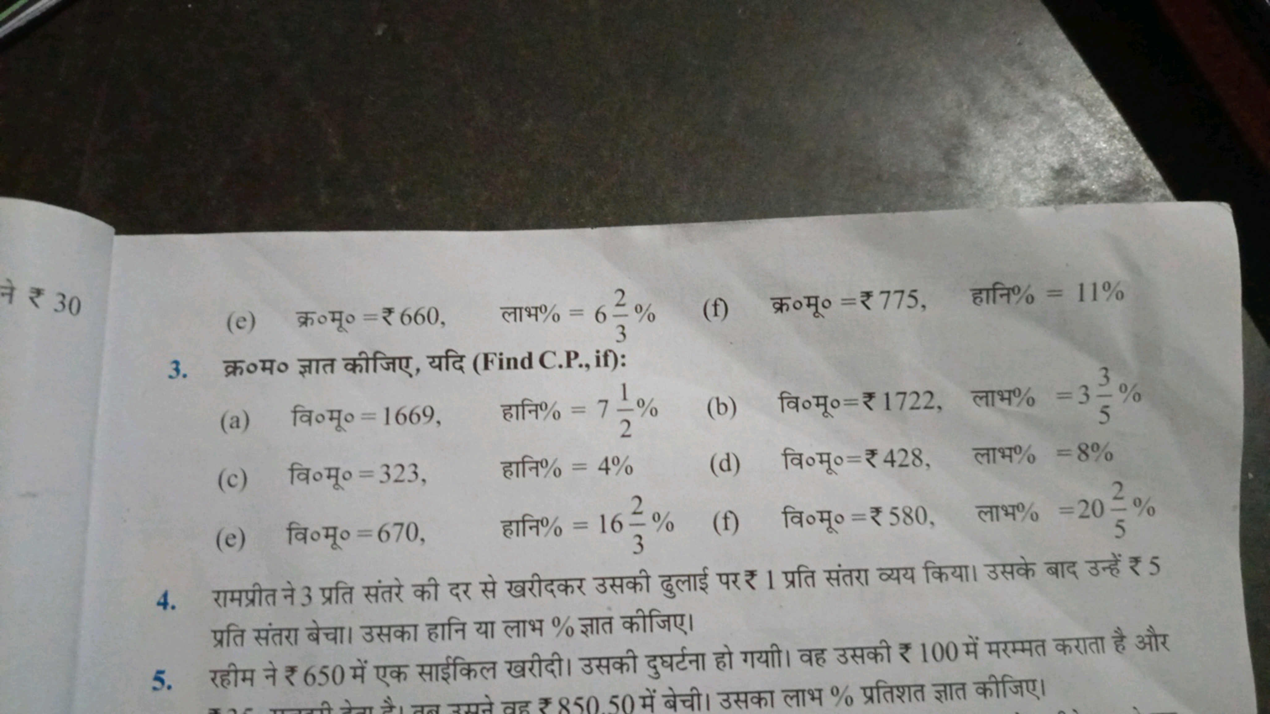 (e) क्र॰मू० =₹660, लाभ %=632​%
(f) क्र॰मू० =₹775, हानि %=11%
3. क्र०म०