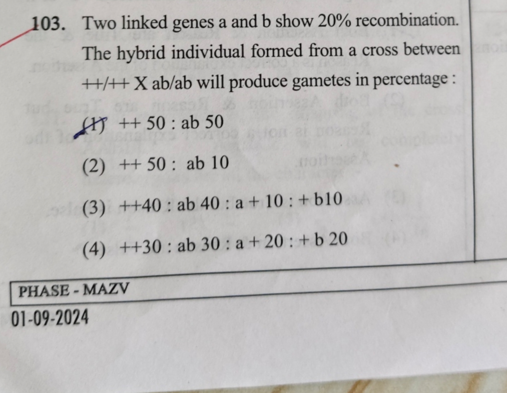 103. Two linked genes a and b show 20% recombination. The hybrid indiv