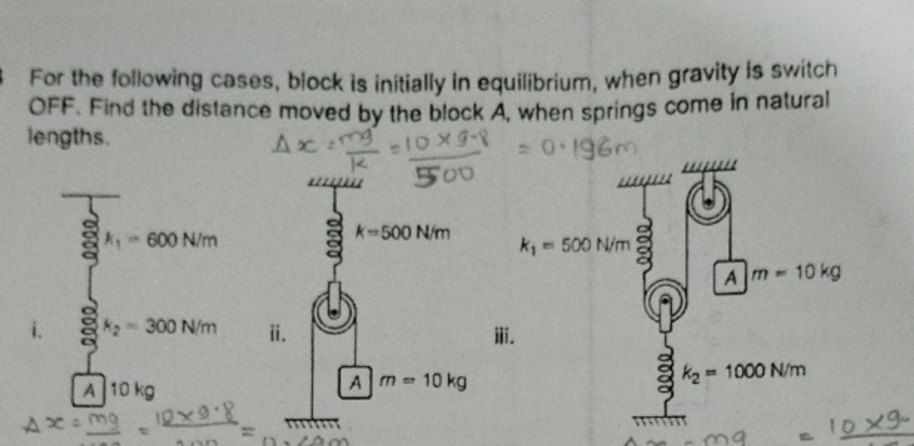 For the following cases, block is initially in equilibrium, when gravi