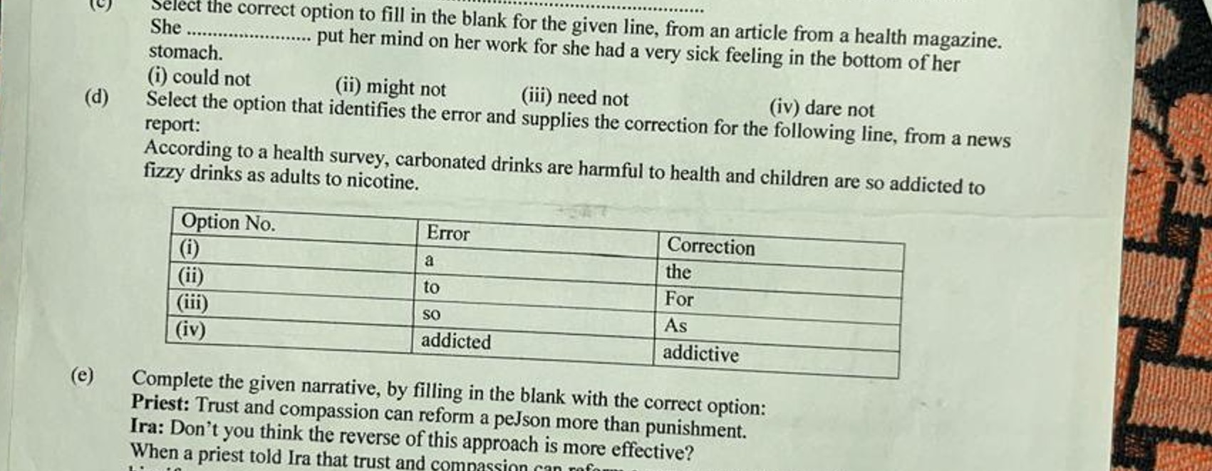 She  stomach.
(i) could not put her
(ii) might not
(iii) need not
(iv)