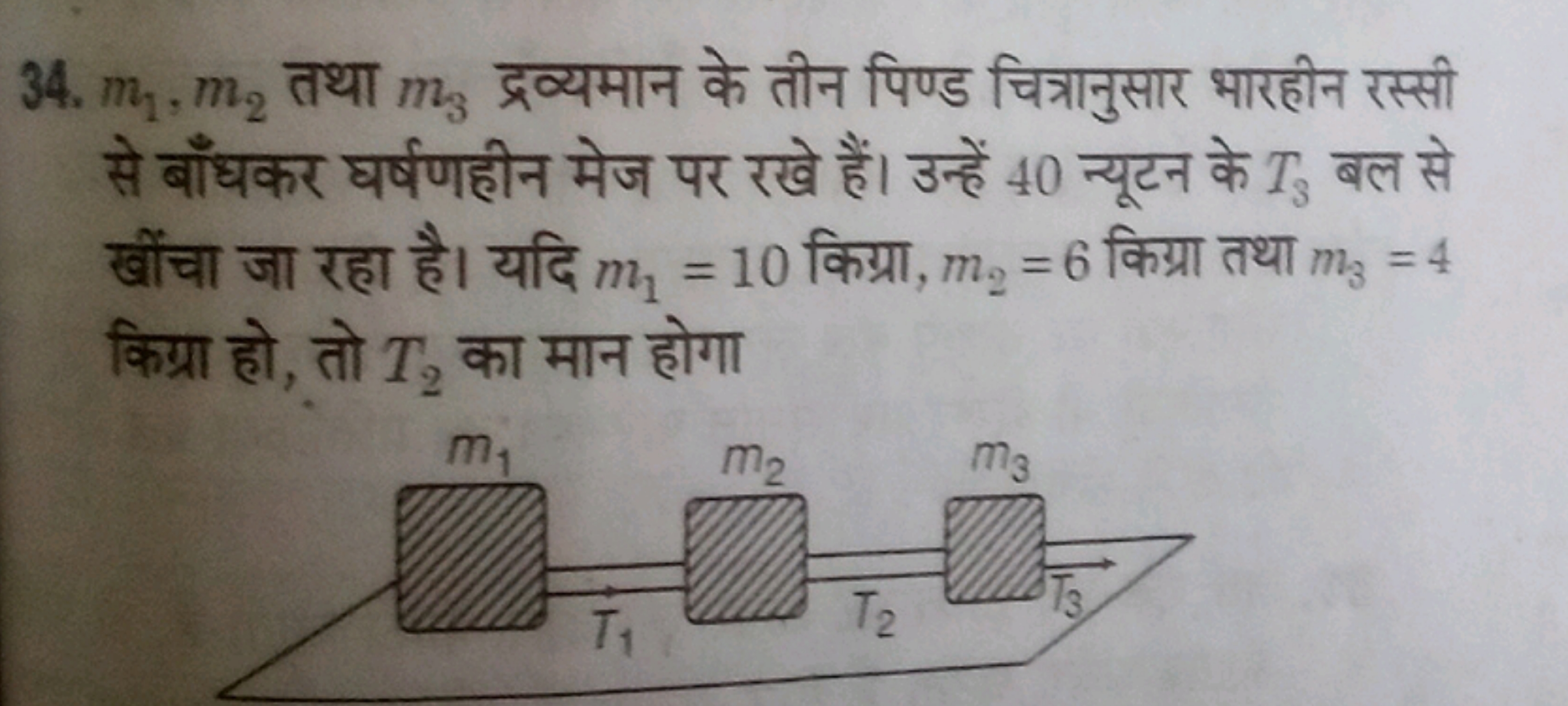 34. m1​,m2​ तथा m3​ द्रव्यमान के तीन पिण्ड चित्रानुसार भारहीन रस्सी से