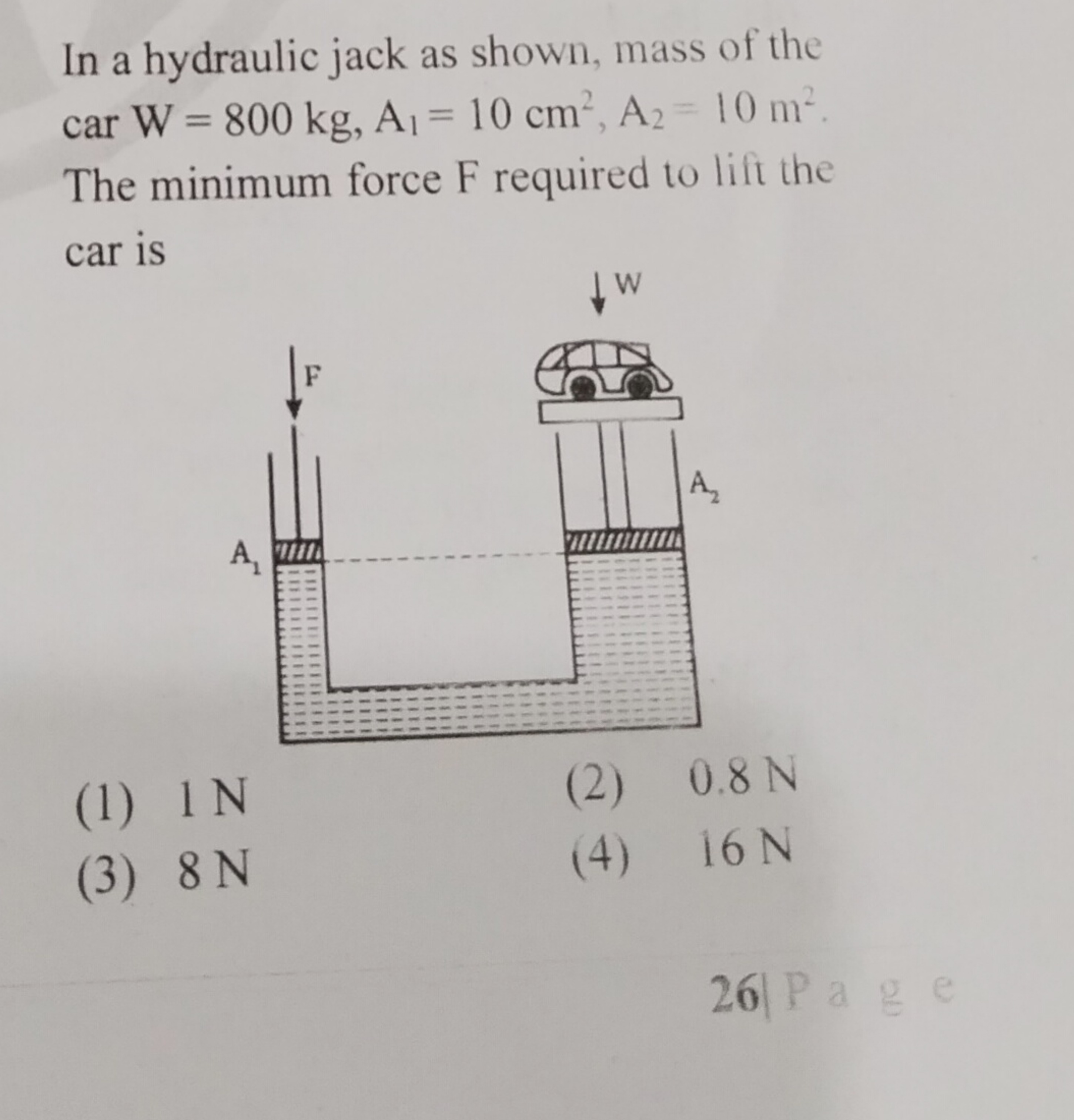 In a hydraulic jack as shown, mass of the carW=800 kg, A1​=10 cm2, A2​