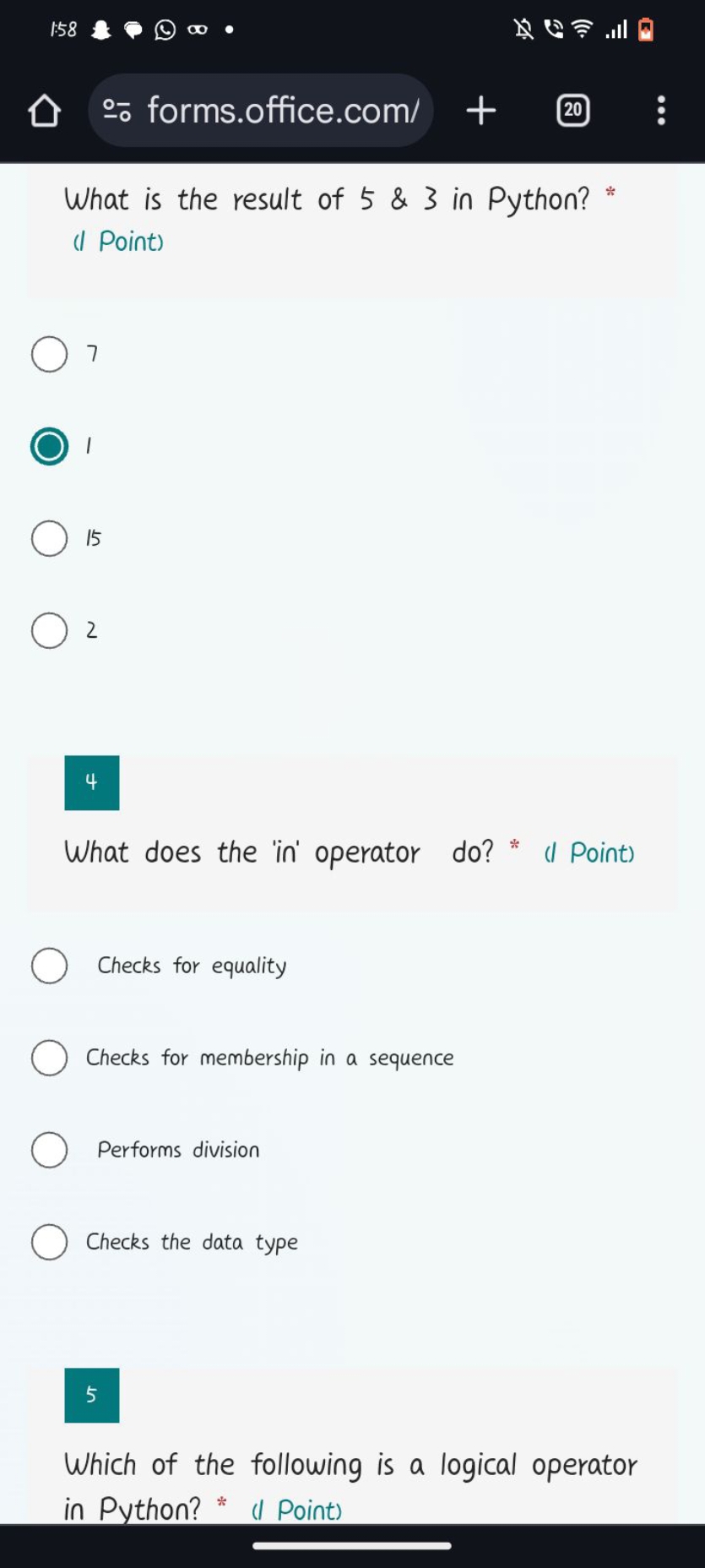 1:58
れに
ㅇ forms.office.com/
20

What is the result of 5 \& 3 in Python