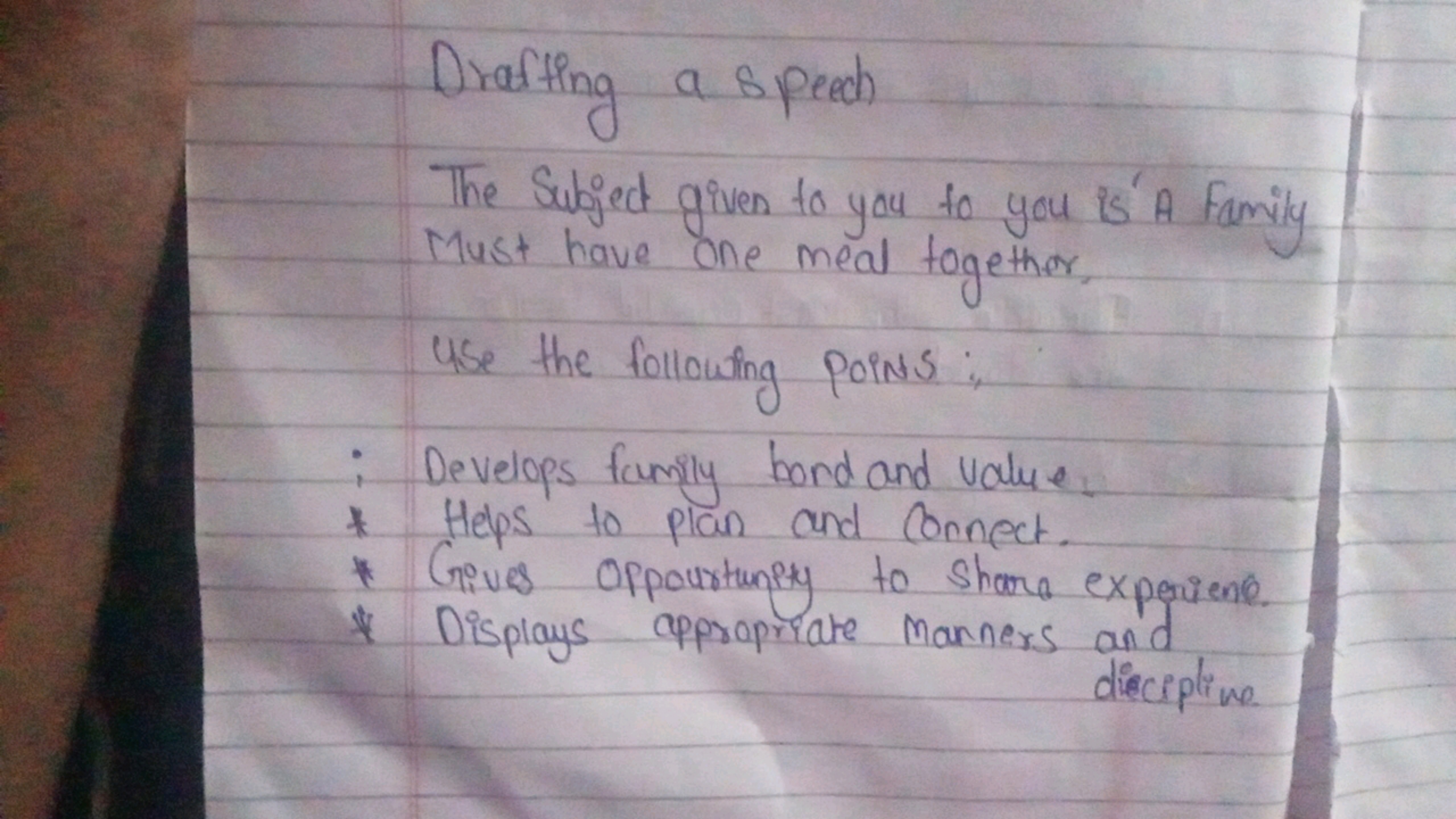 Drafting a speech
The Subject given to you to you is' A Family Must ha