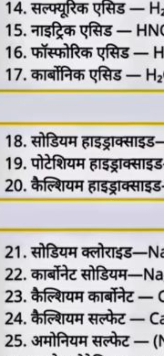 14. सल्फ्यूरिक एसिड — H2​
15. नाइट्रिक एसिड — HN
16. फॉस्फोरिक एसिड —
