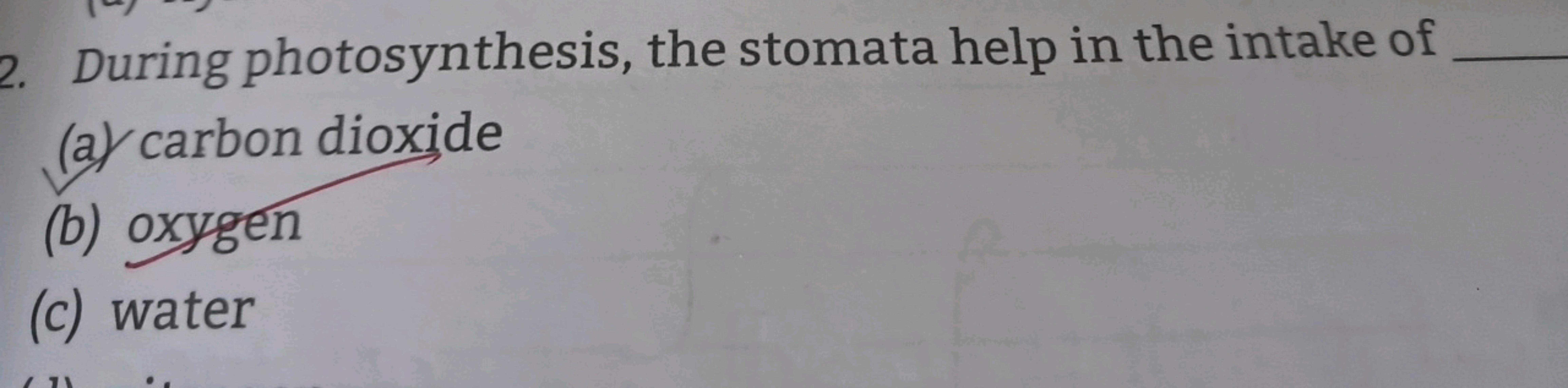 2. During photosynthesis, the stomata help in the intake of 
(a) carbo