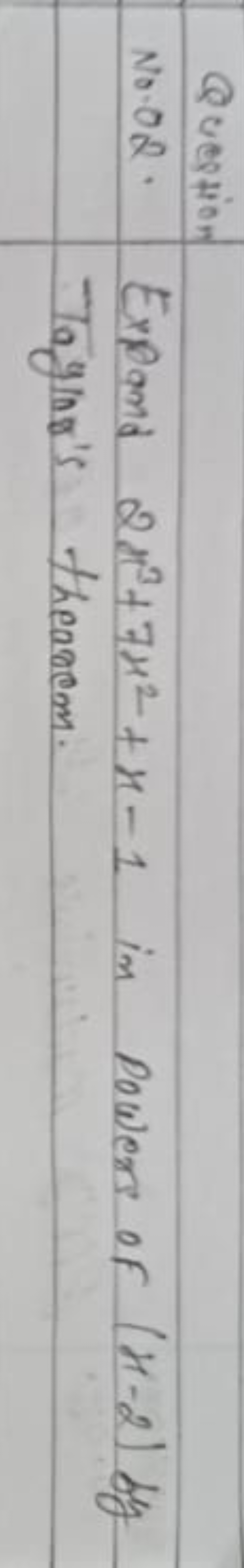 Question
No.02. Expand 2x3+7x2+x−1 in powers of (x−2) by Taylor's thea