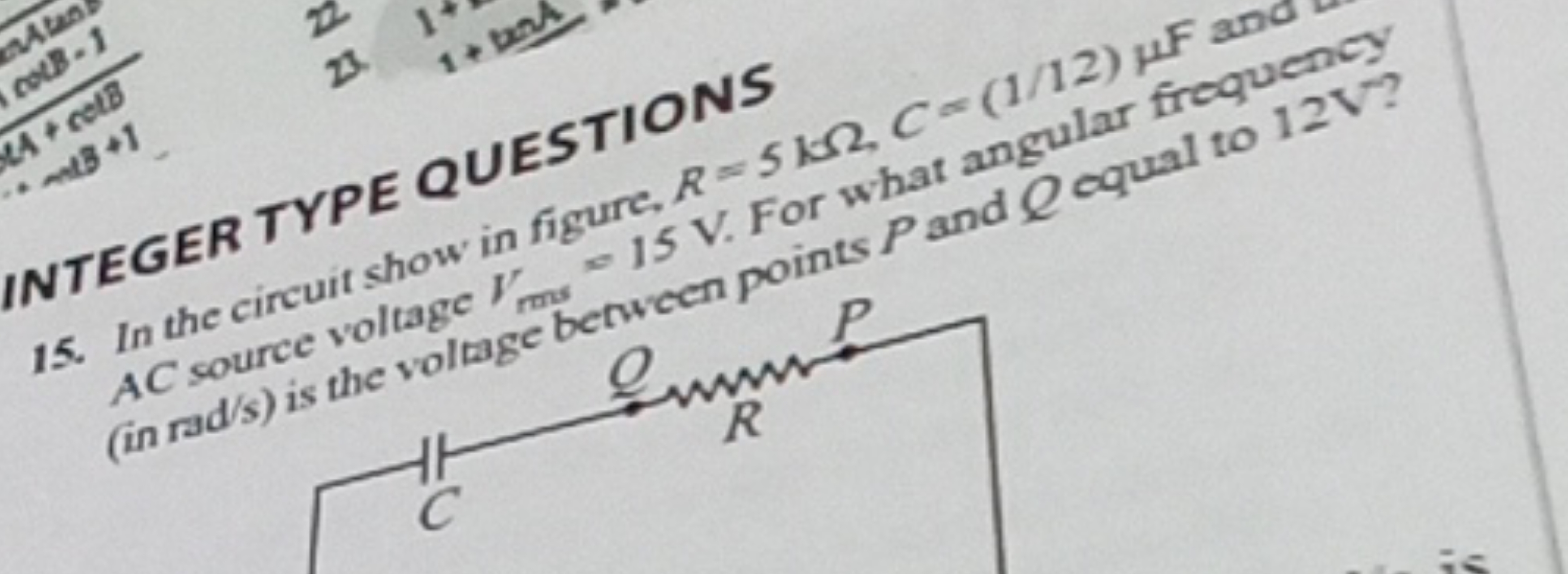 INTEGER TYPE QUESTIONS C1Ω,(1/12) HF C and (in rads) is the voluage be