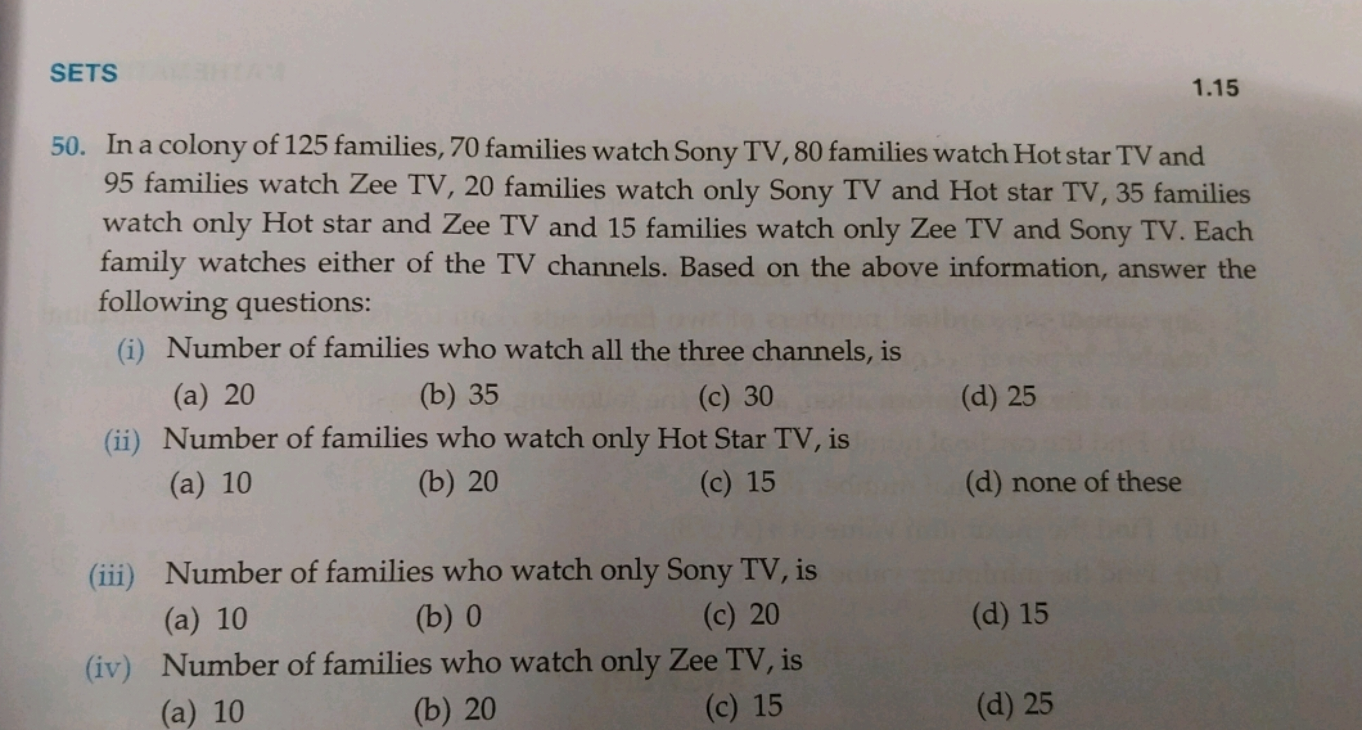 SETS
1.15
50. In a colony of 125 families, 70 families watch Sony TV, 