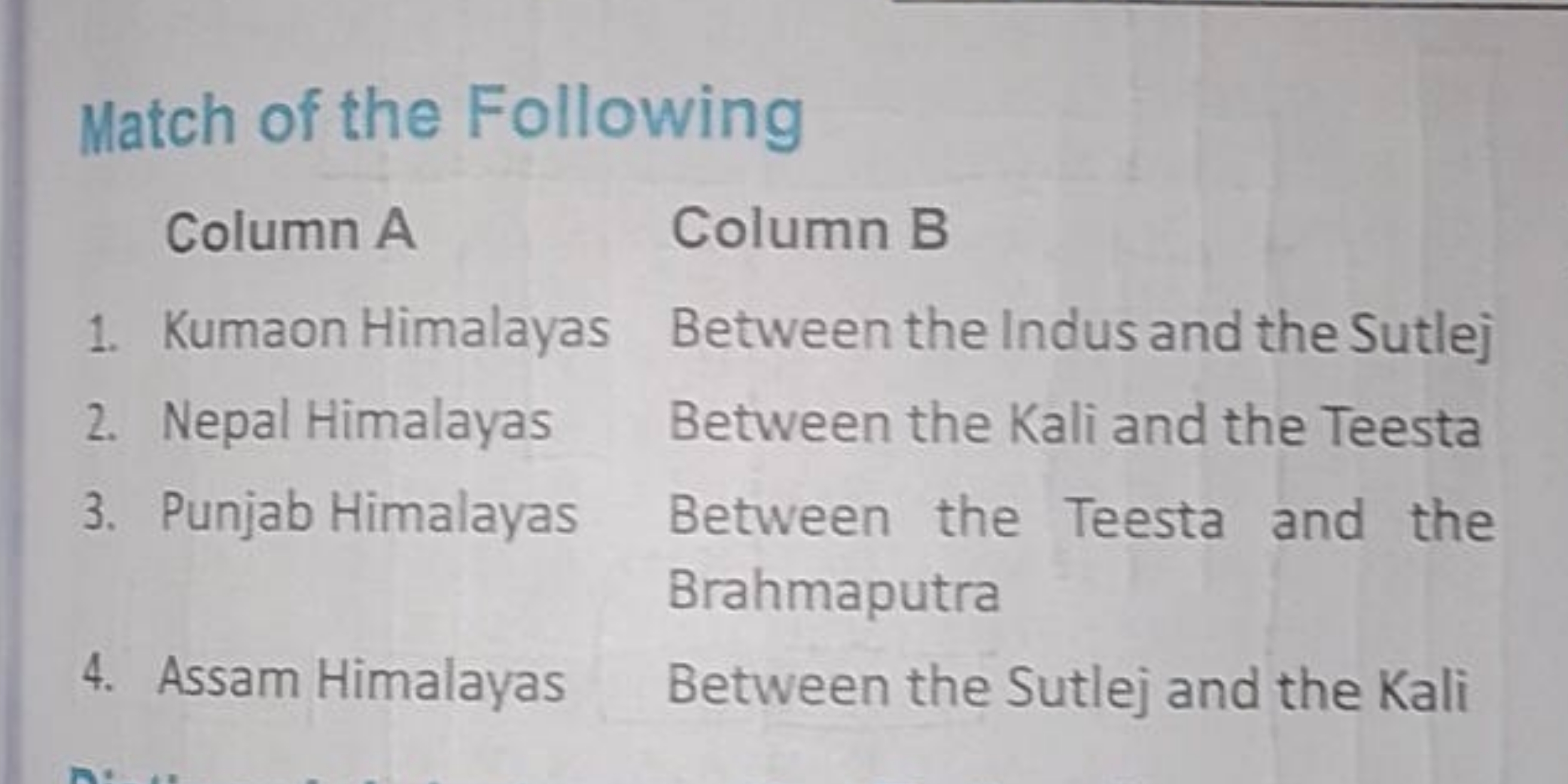 Match of the Following
Column A
Column B
1. Kumaon Himalayas

Between 