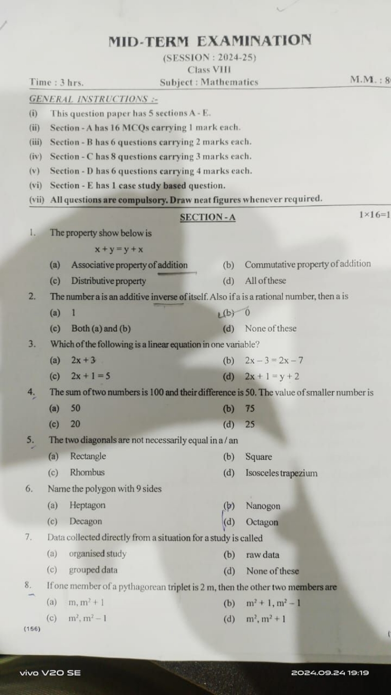 MID-TERM EXAMINATION
(SESSION : 2024-25)
Class VIII
Time : 3 hrs. Subj