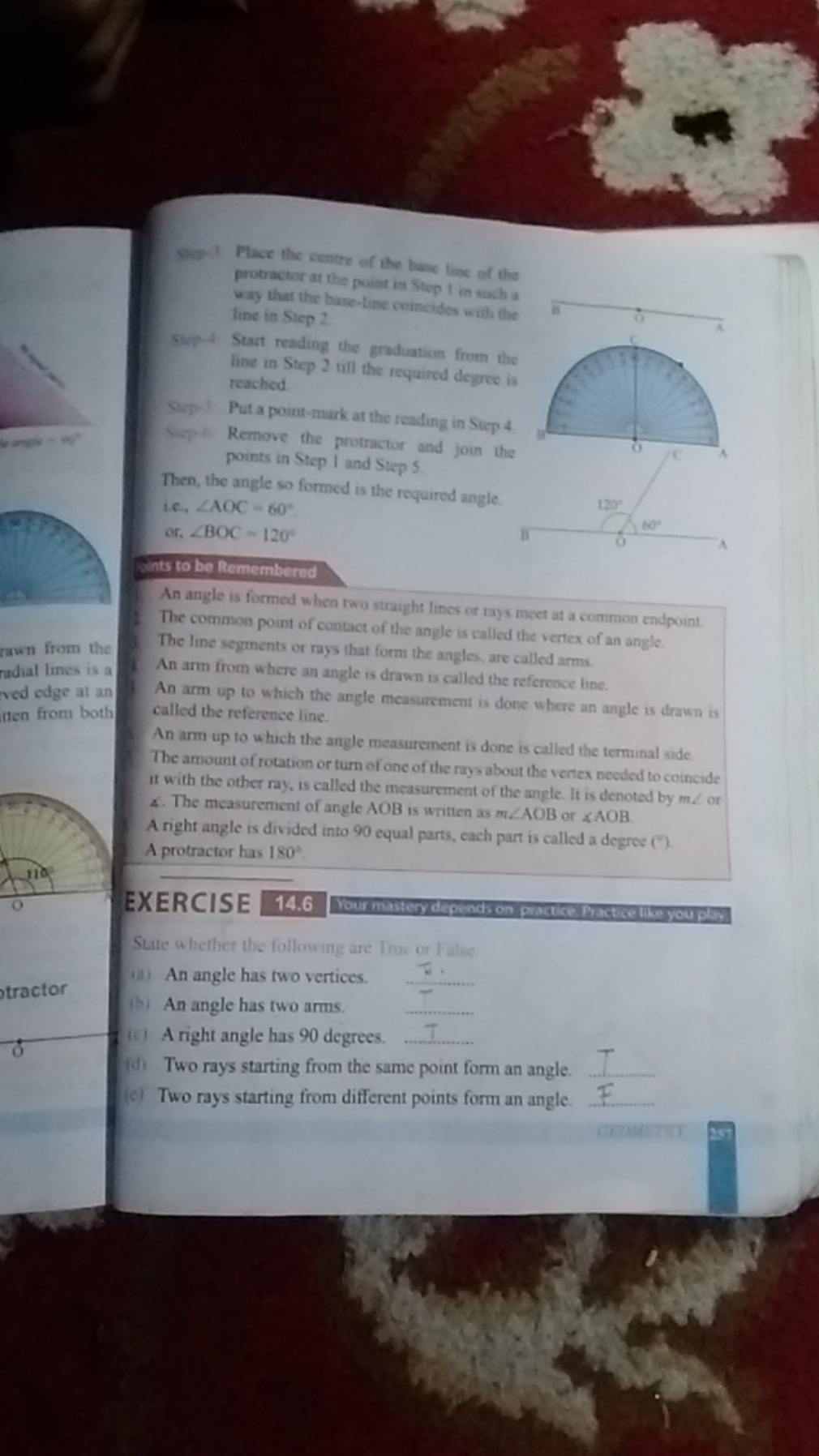 Sip 3 Place the centre of the base line of the protractor at the point