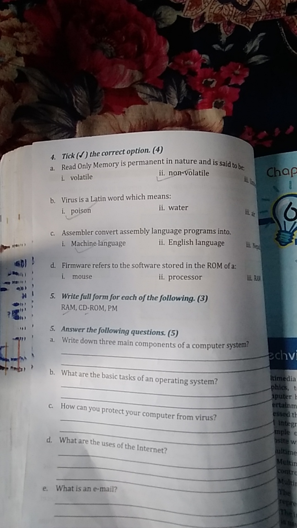 4. Tick (✓) the correct option. (4)
a. Read Only Memory is permanent i