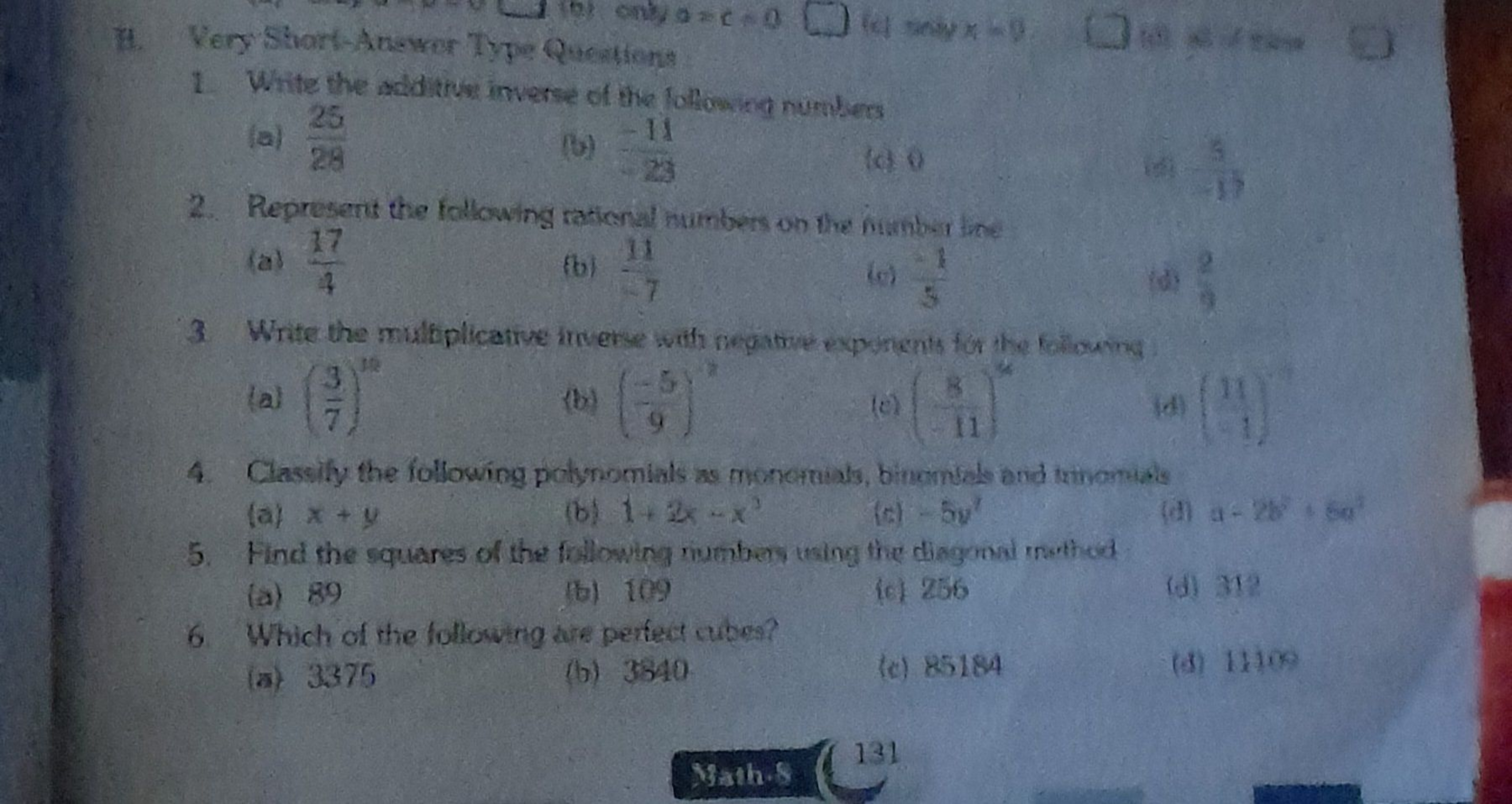 H. Very Short-Answer Type Questions
1. Write the additive inverse of t