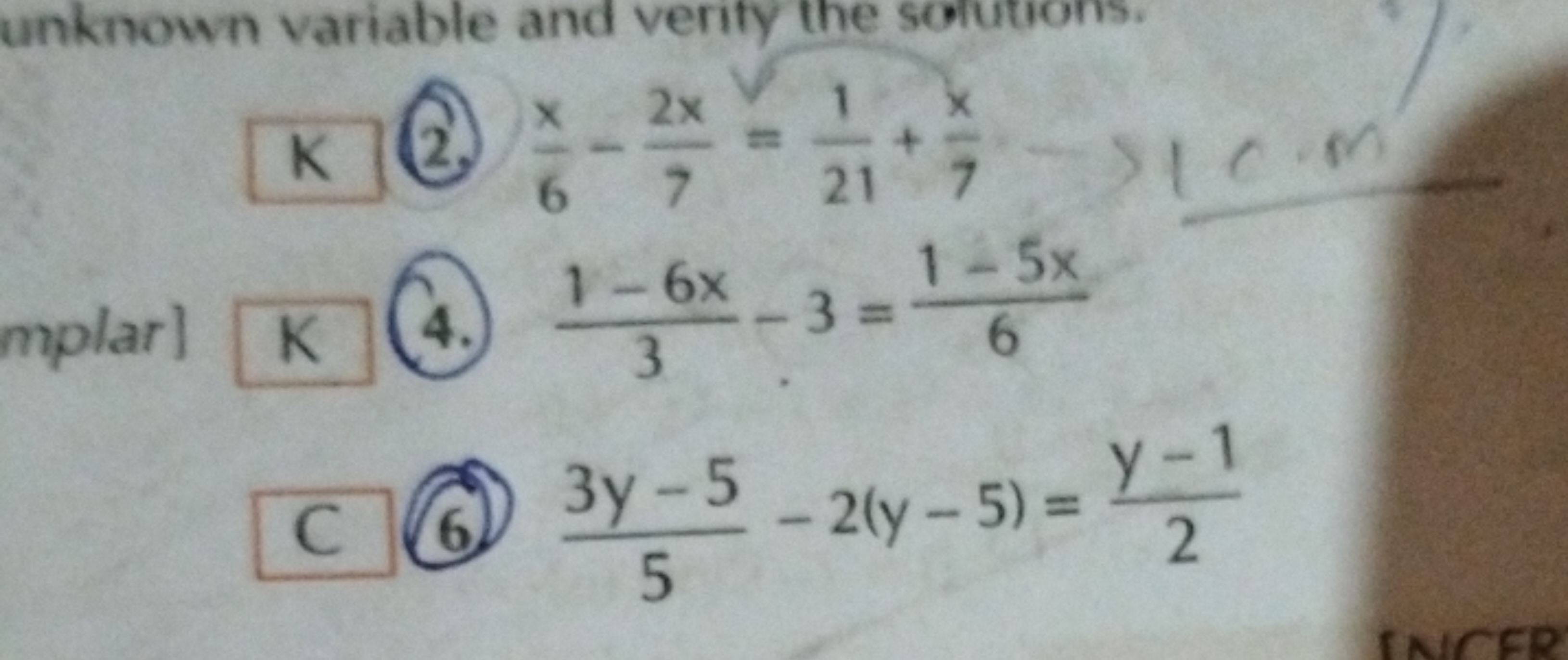 (2.) 6x​−72x​=211​+7x​
(4.) 31−6x​−3=61−5x​

C 6) 53y−5​−2(y−5)=2y−1​