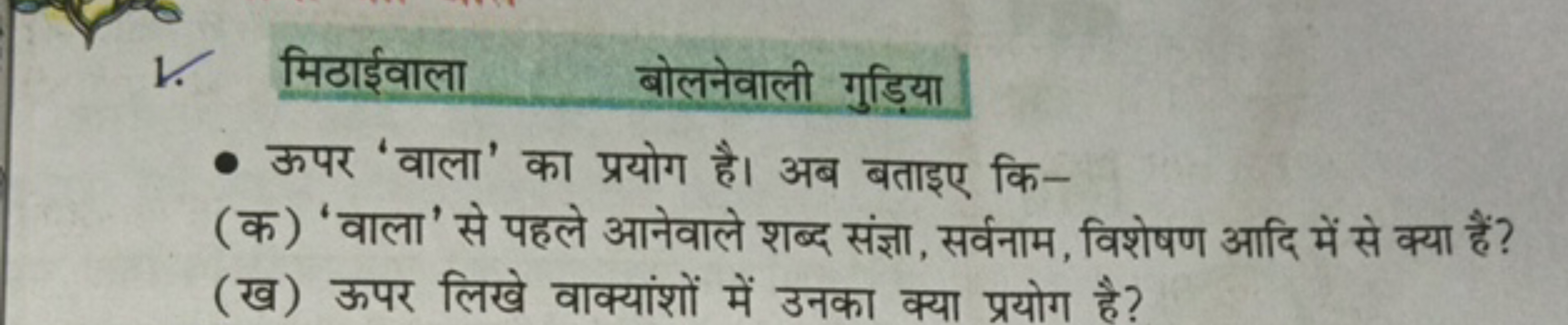 1.

मिठाईवाला
बोलनेवाली गुड़िया
- ऊपर 'वाला' का प्रयोग है। अब बताइए कि