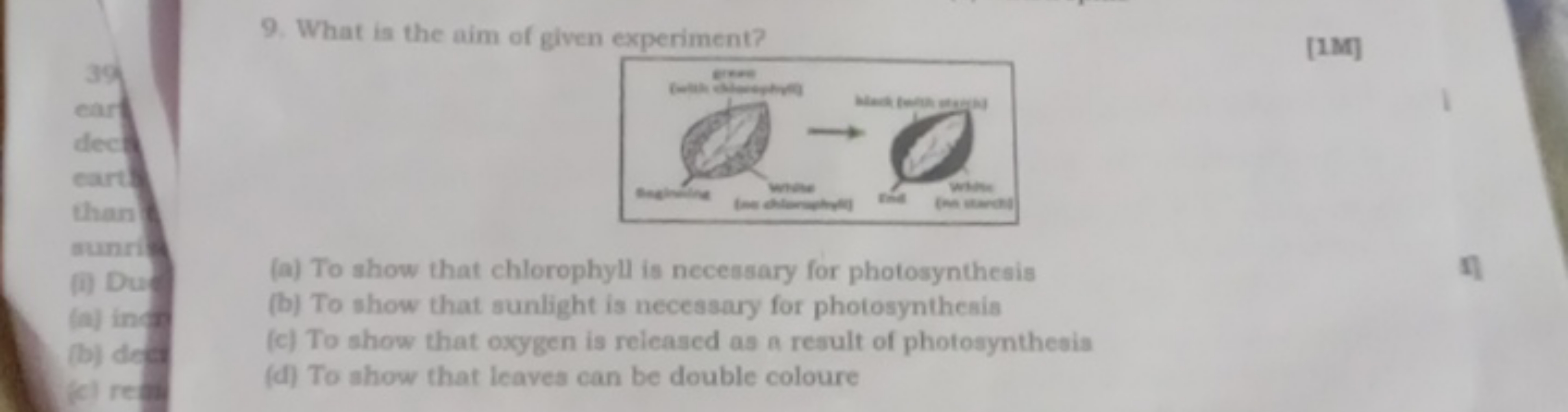 9. What is the aim of given experiment?
[1M]
(a) To show that chloroph