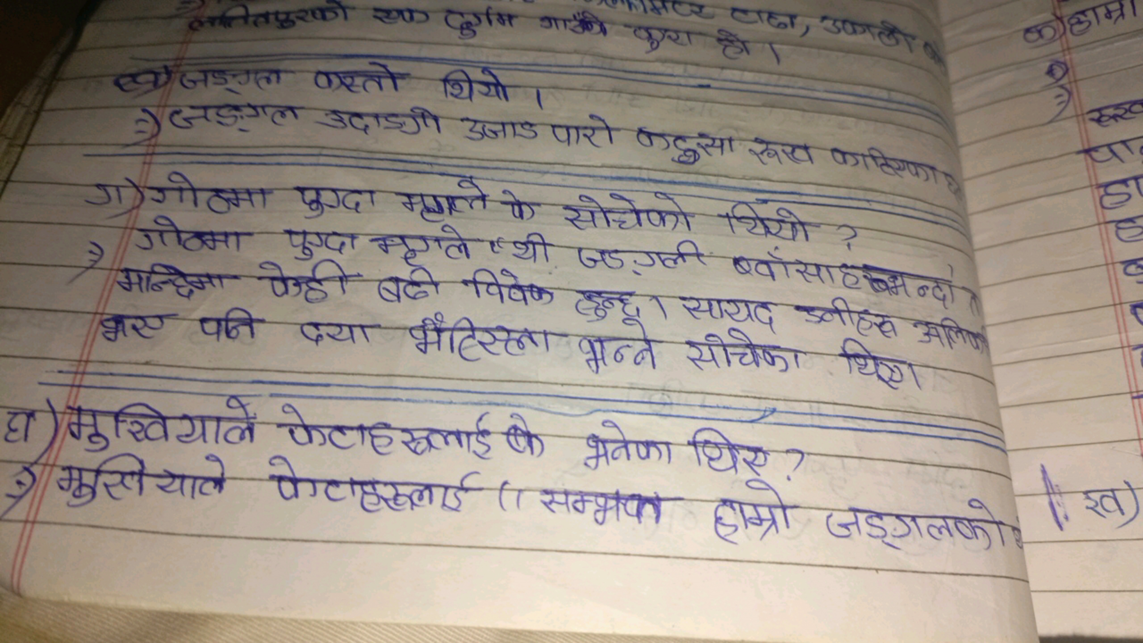 ब्य जड्डल कस्तो थियो।
) जडुगल उदाडगी उजाड पारो कहुसा रूख कारिका
ग) गोऽ