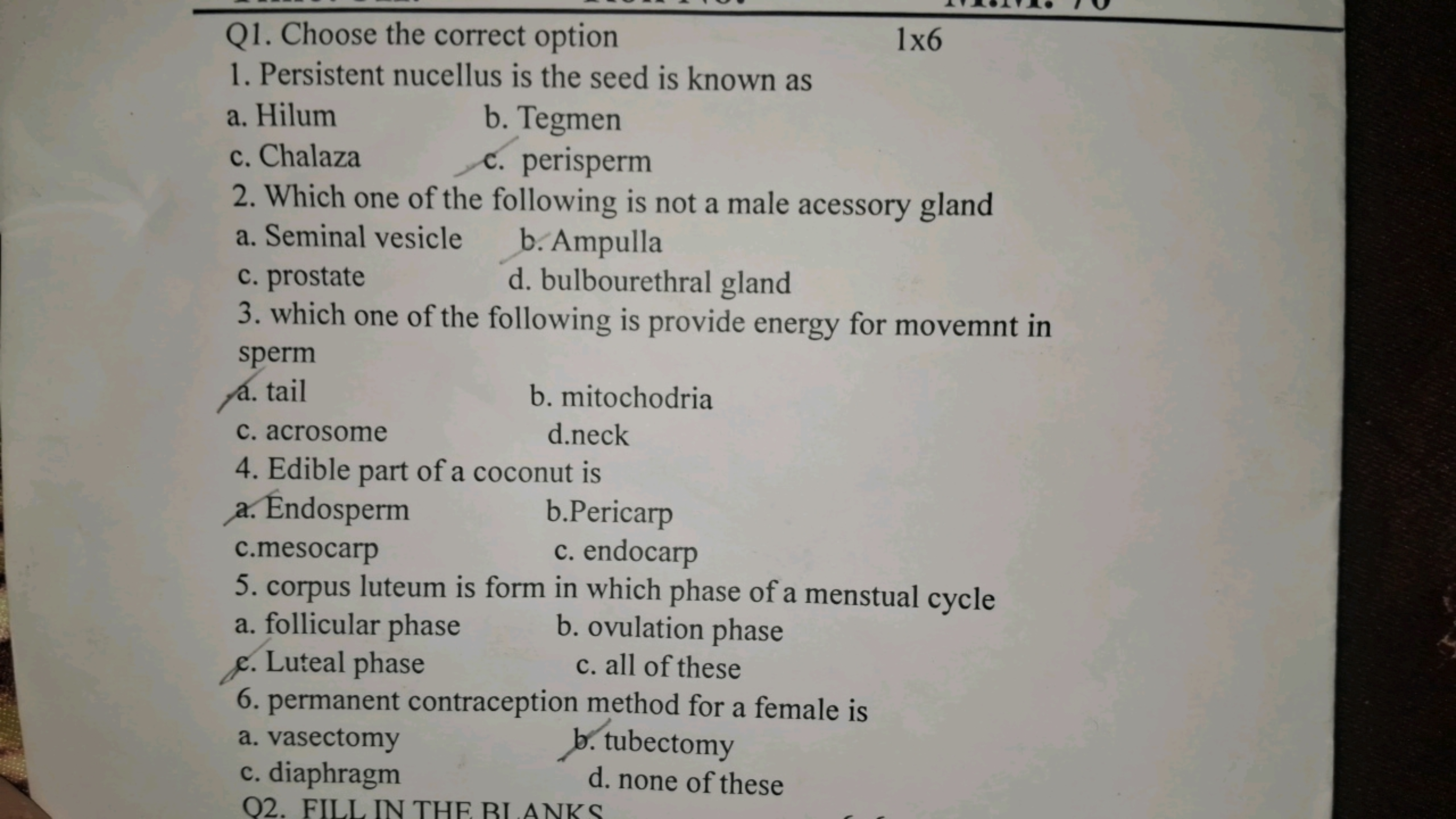 Q1. Choose the correct option
1×6
1. Persistent nucellus is the seed i