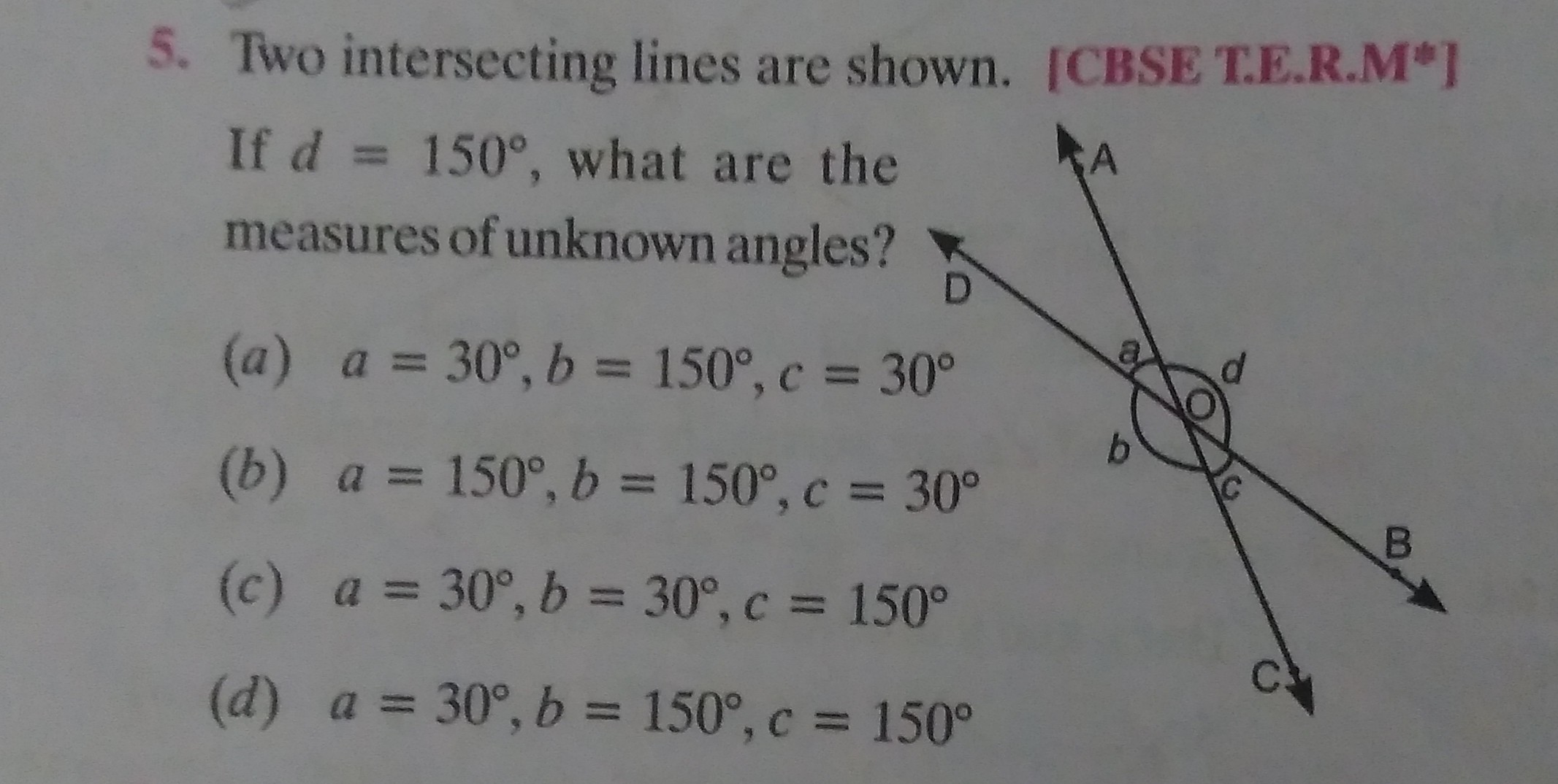 5. Two intersecting lines are shown. [CBSE T.E.R.M*] If d=150∘, what a