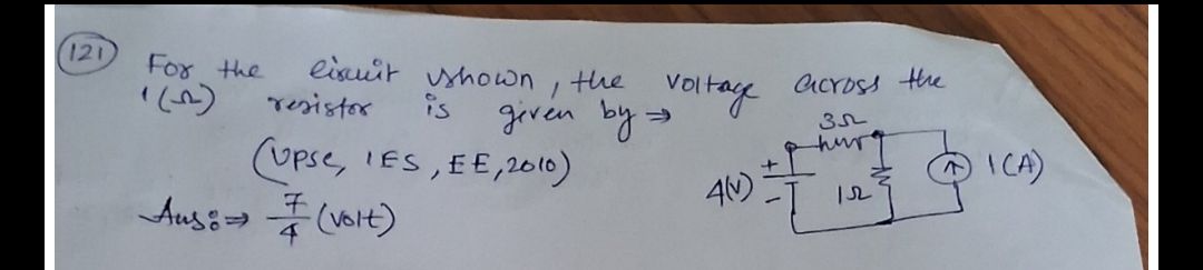 (121) For the eircuit shown, the voltage across the 1(Ω) resistor is g