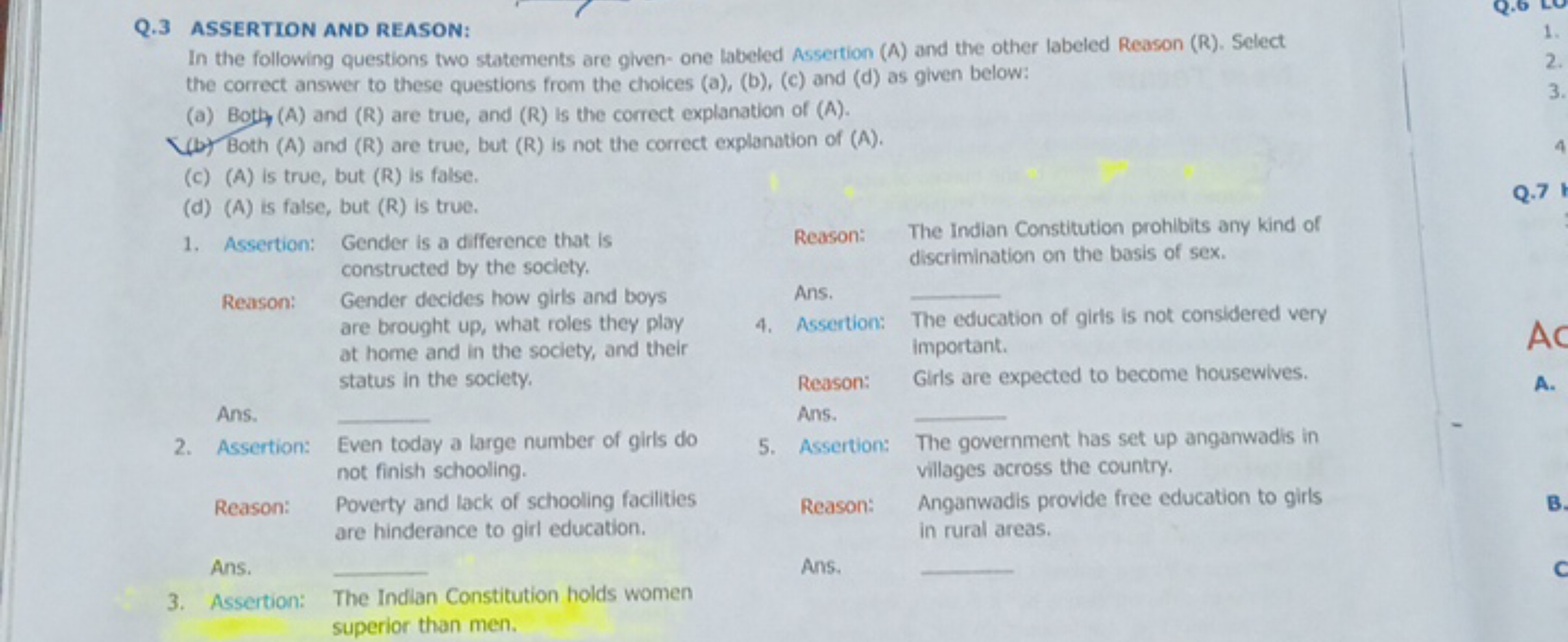 Q. 3 ASSERTION AND REASON:

In the following questions two statements 