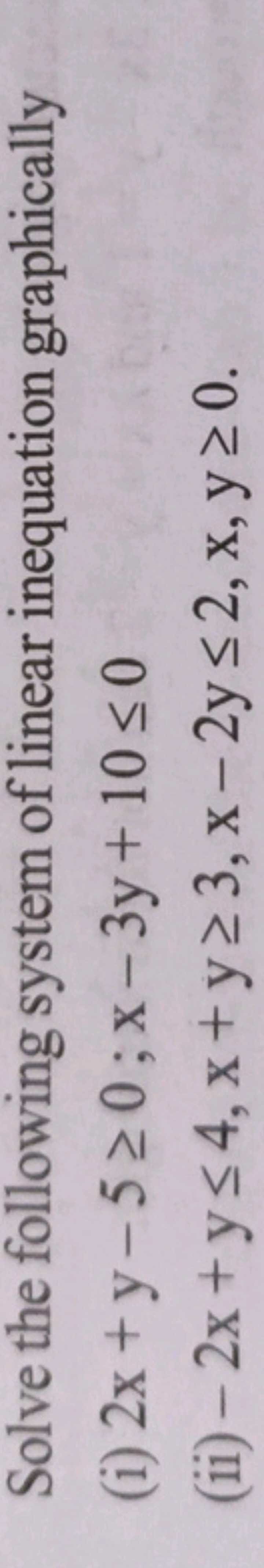 Solve the following system of linear inequation graphically
(i) 2x+y−5