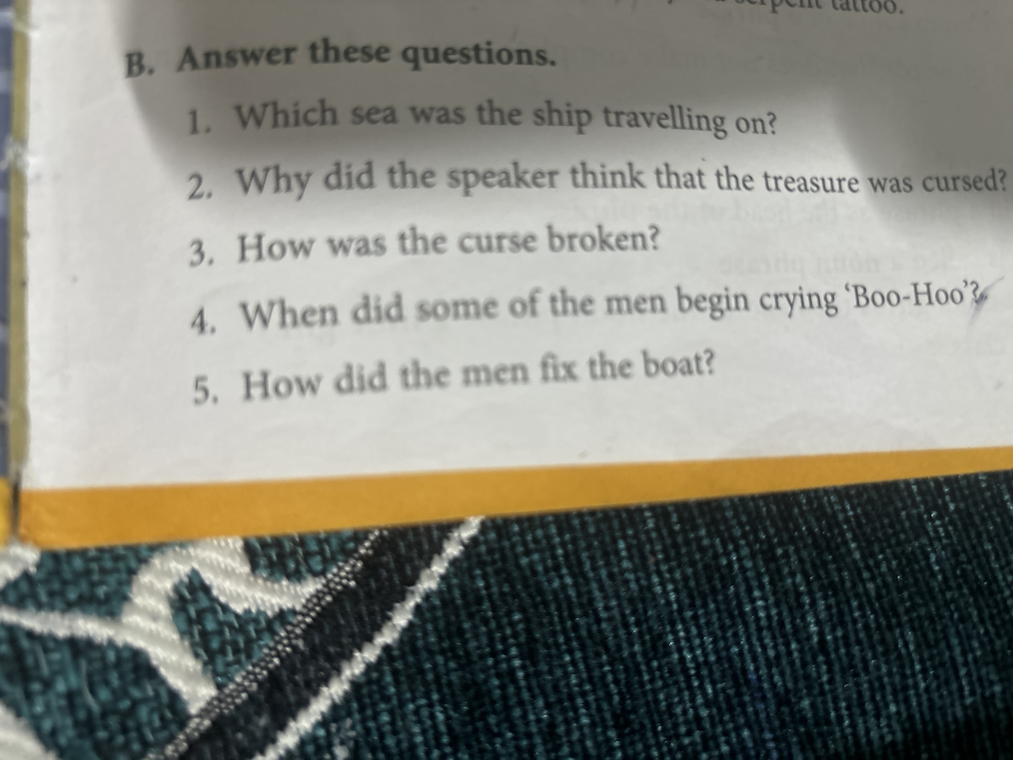 B. Answer these questions.
1. Which sea was the ship travelling on?
2.