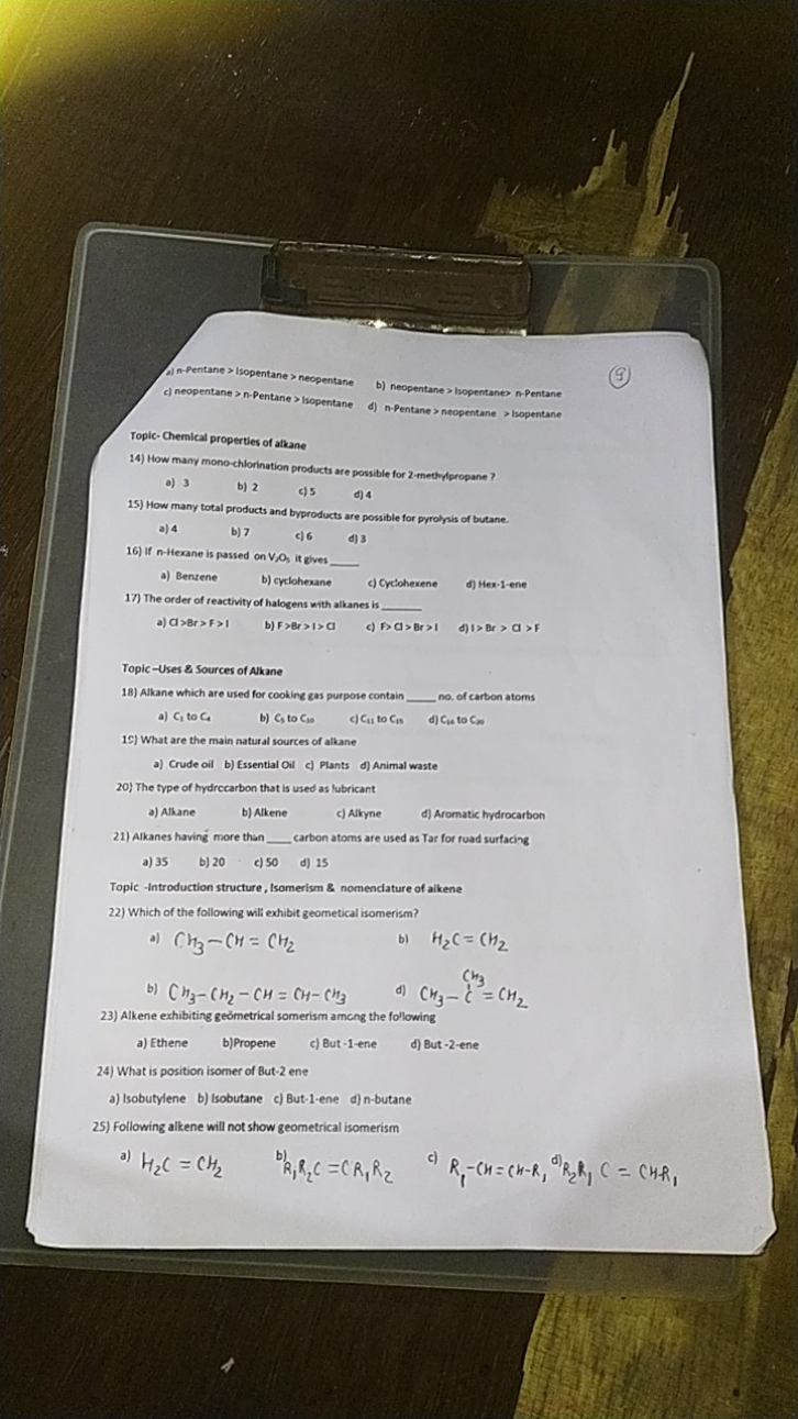 a) n-Pentane > Isopentane > neopentane
c) neopentane >n-Pentane > lsop