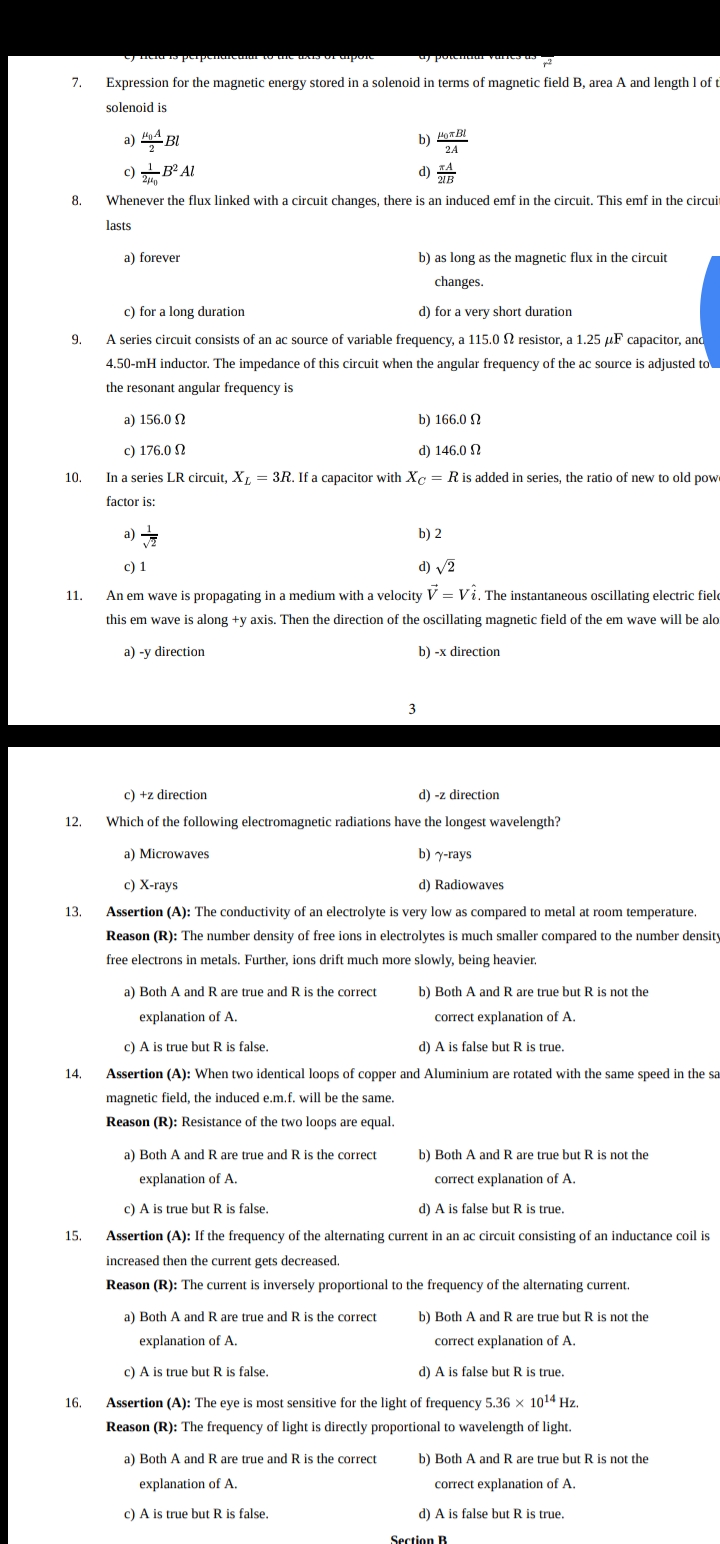 7. Expression for the magnetic energy stored in a solenoid in terms of