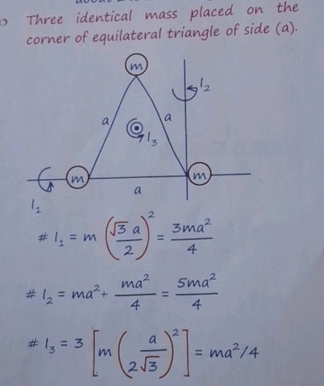 Three identical mass placed on the corner of equilateral triangle of s