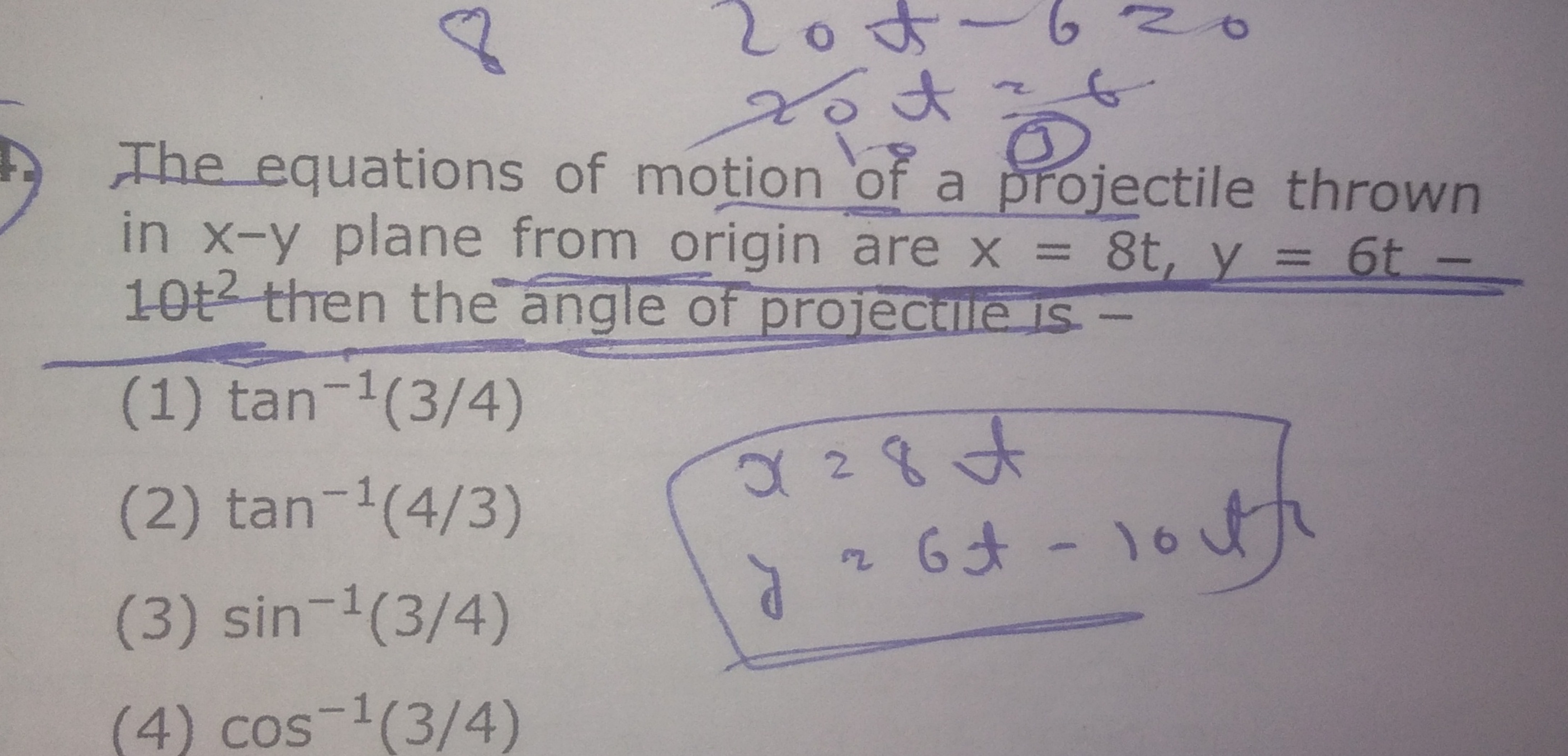 The equations of motion of a projectile thrown in x−y plane from origi