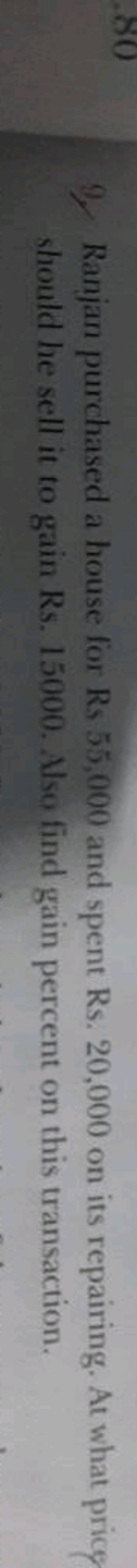 9. Ranjan purchased a house for Rs 55,000 and spent Rs. 20,000 on its 