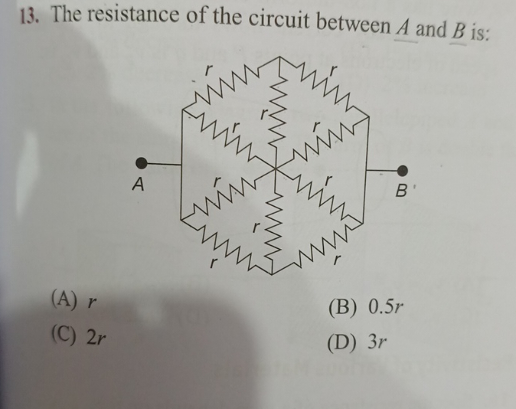 13. The resistance of the circuit between A and B is:
(A) r
(B) 0.5r
(