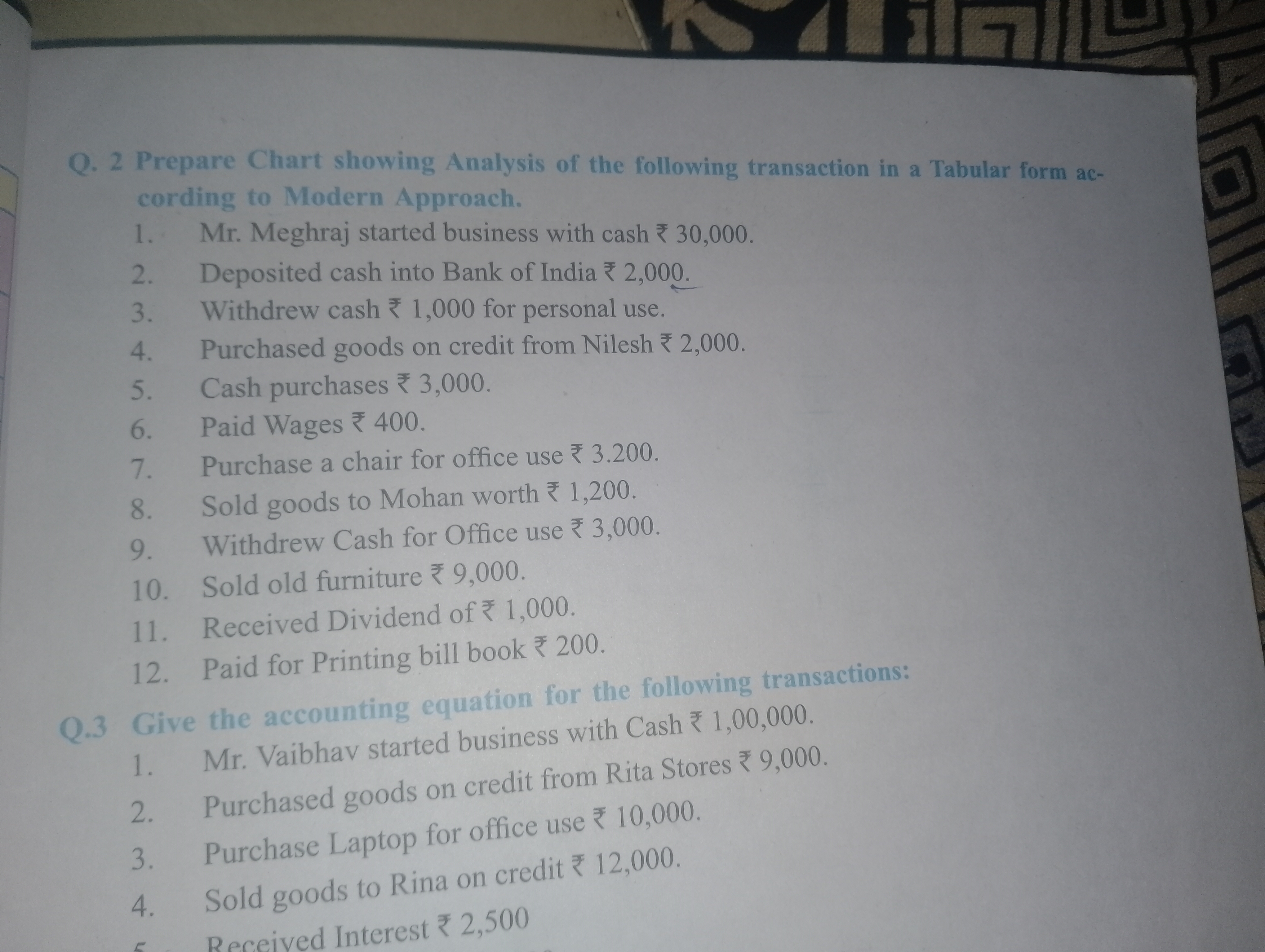 Q. 2 Prepare Chart showing Analysis of the following transaction in a 