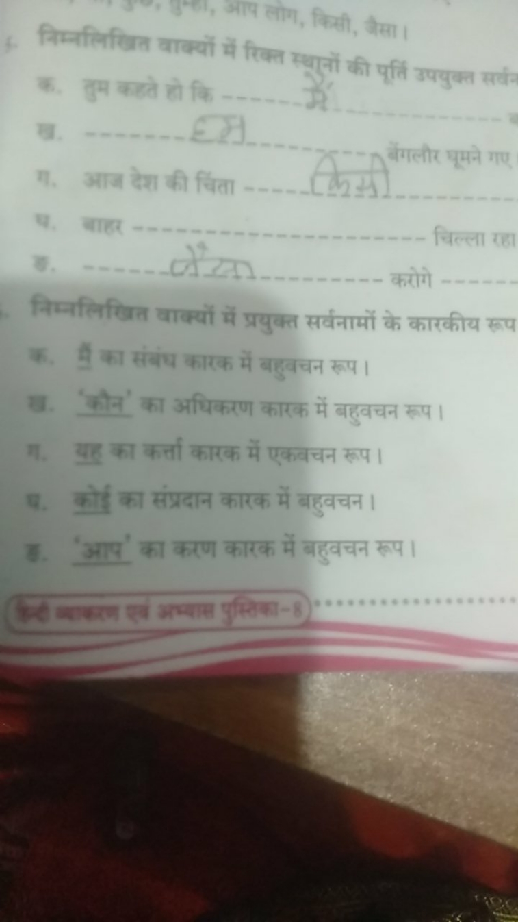 4. निम्नलिखित वाक्यों में रिक्त स्थानों की पूर्तिं उपयुक्त सर्वन

क. त