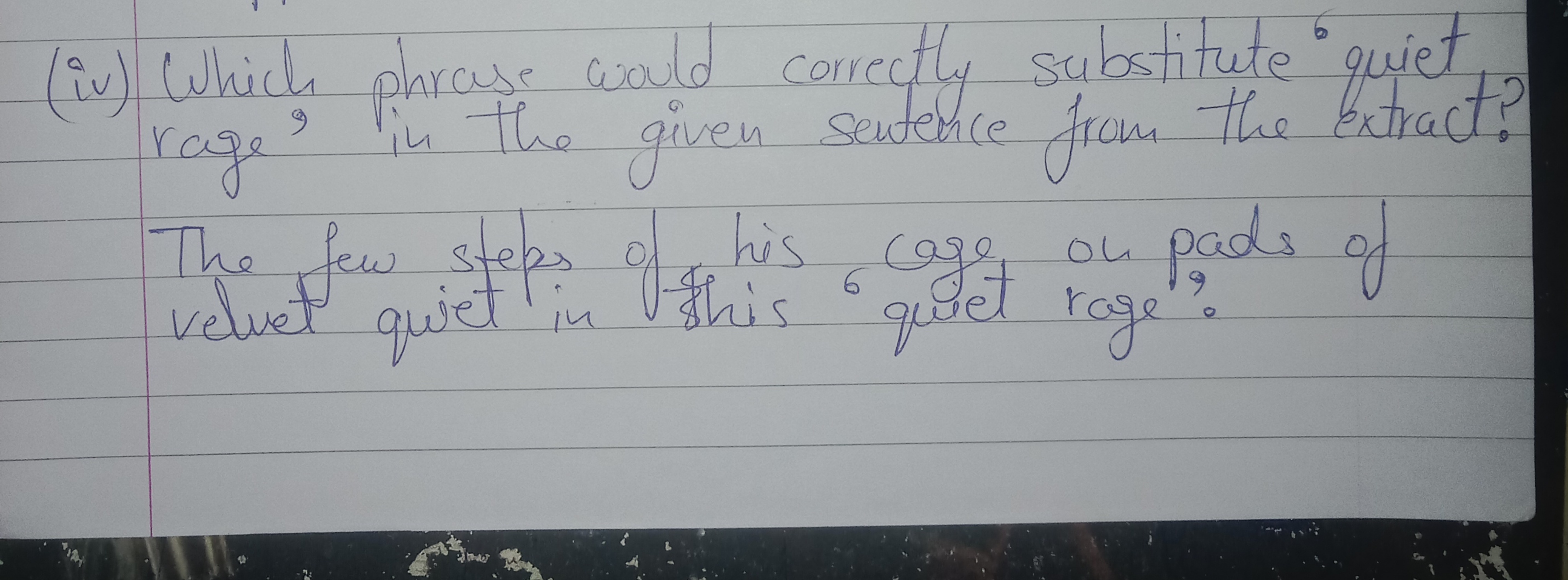 (iv) Which phrase would correctly substitute 'quiet rage, in the given